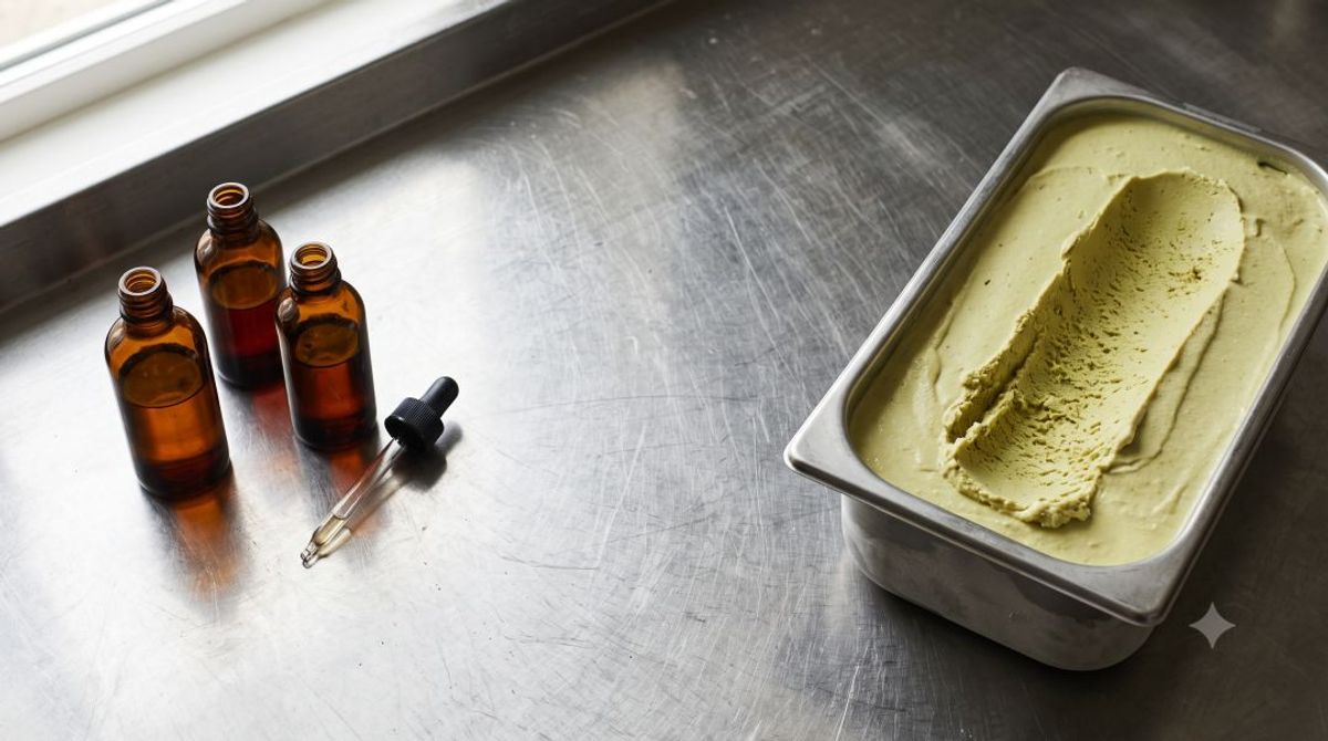Unlabeled flavor compound bottles beside a finished pan of pistachio gelato, showing the difference between buying a flavor and buying a finished product.
