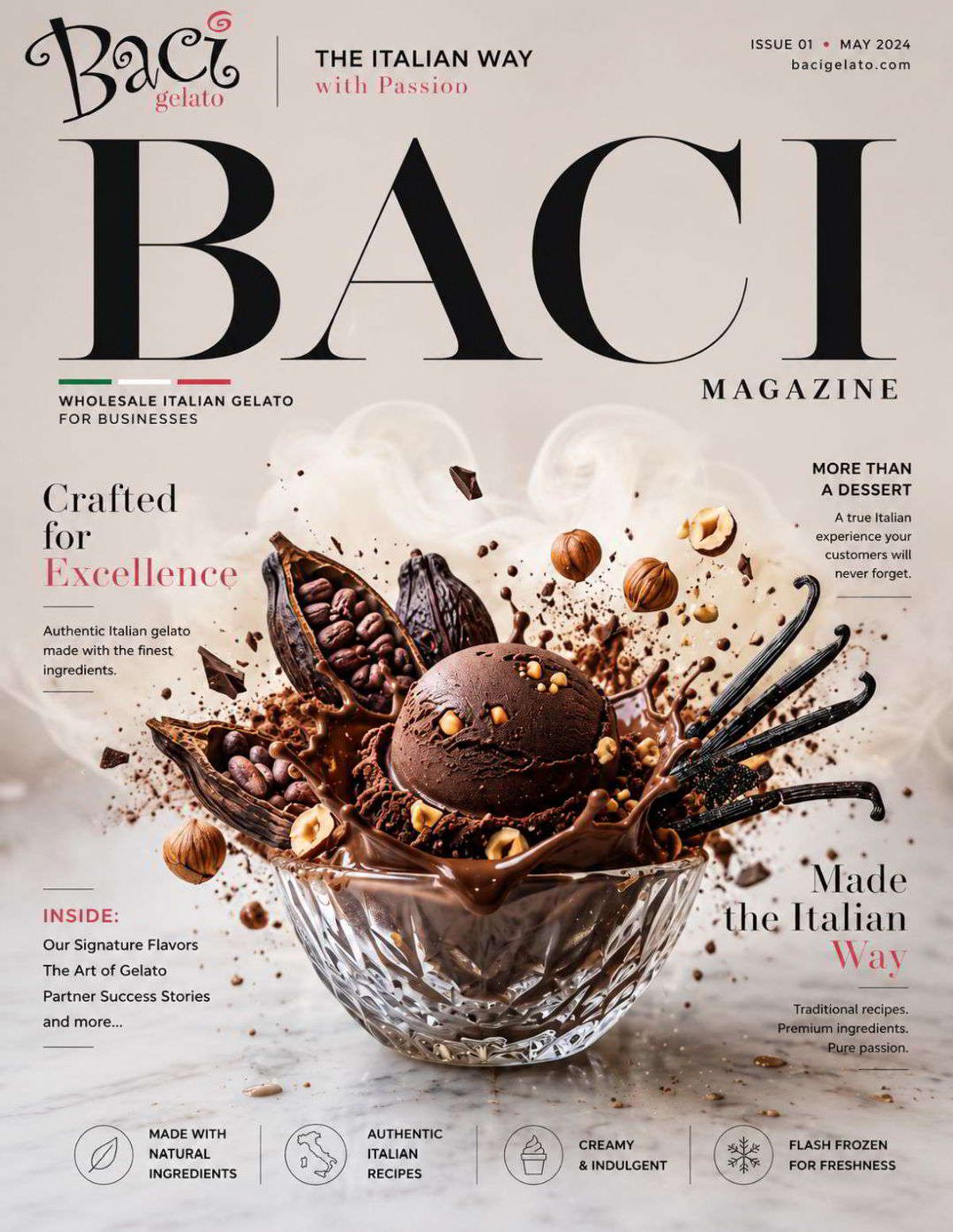 Dark chocolate and hazelnut gelato in a crystal bowl surrounded by bursting cocoa pods, fresh hazelnuts, and vanilla beans.