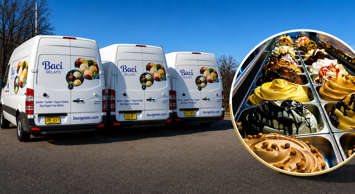 Baci Gelato refrigerated delivery vans and a gelato display case