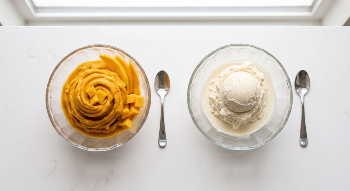 Top-down view of two glass bowls comparing a dense mango gelato with fresh fruit against an aerated vanilla ice cream scoop.