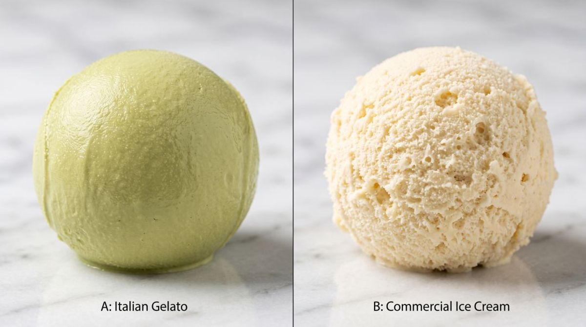 Macro texture comparison between dense, low-overrun Italian gelato and highly aerated commercial ice cream.