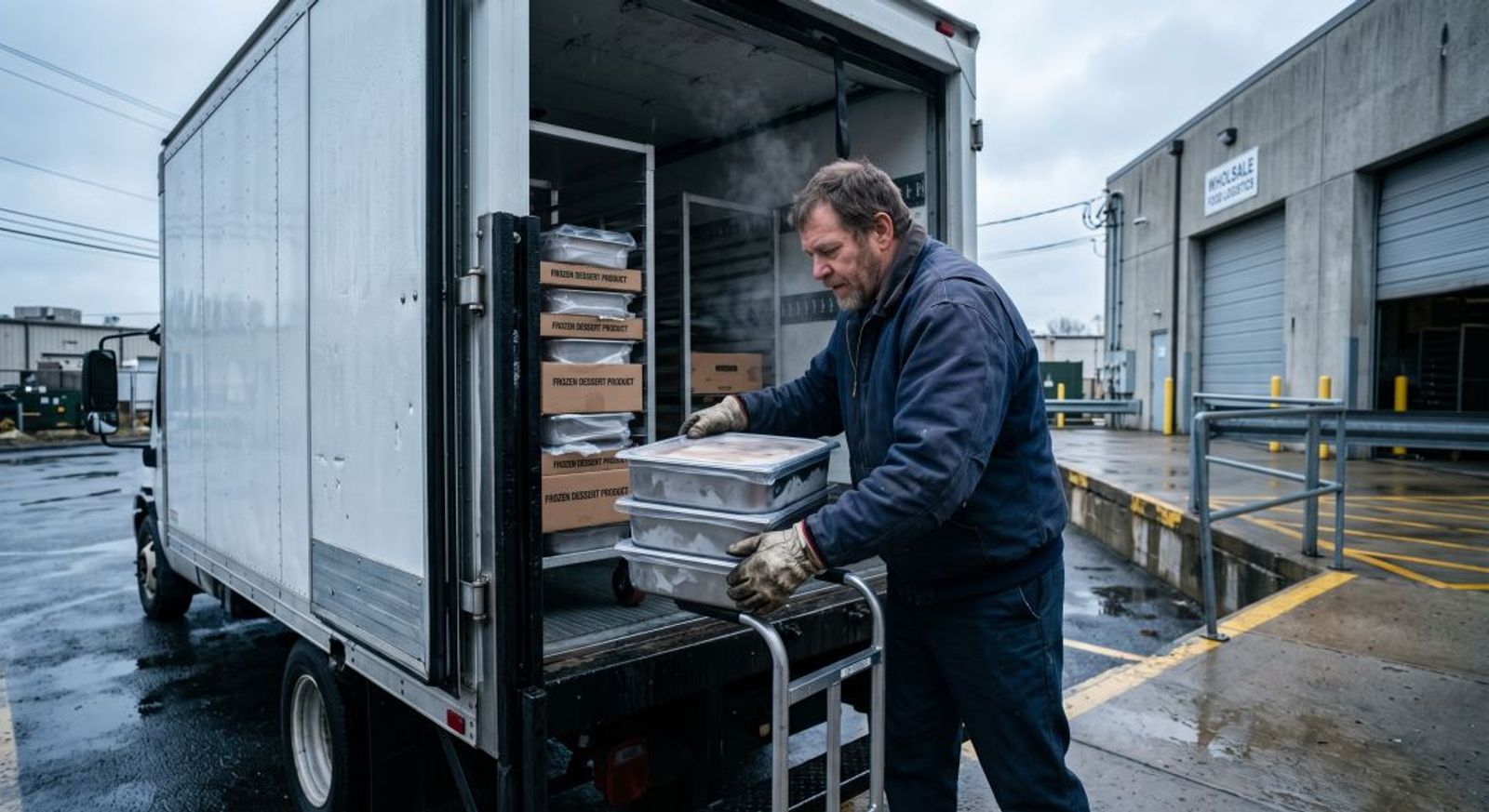 Refrigerated delivery truck at a wholesale gelato production facility loading dock