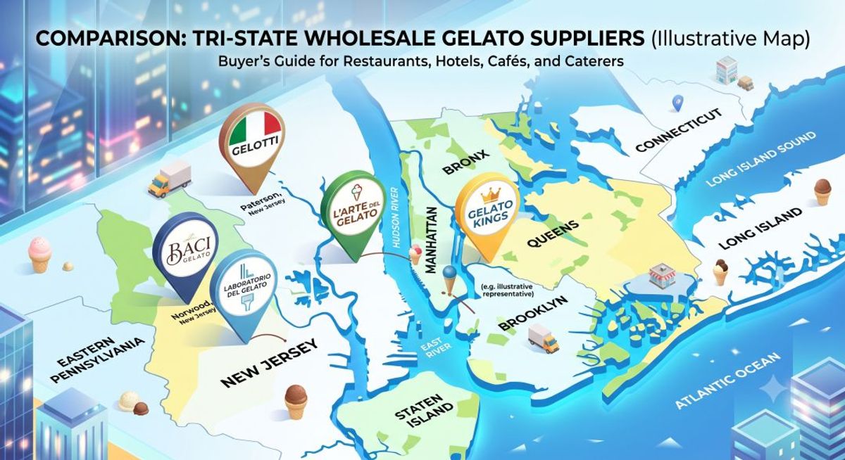 comparison graphic, five supplier logos or location pins mapped across NY, NJ, CT