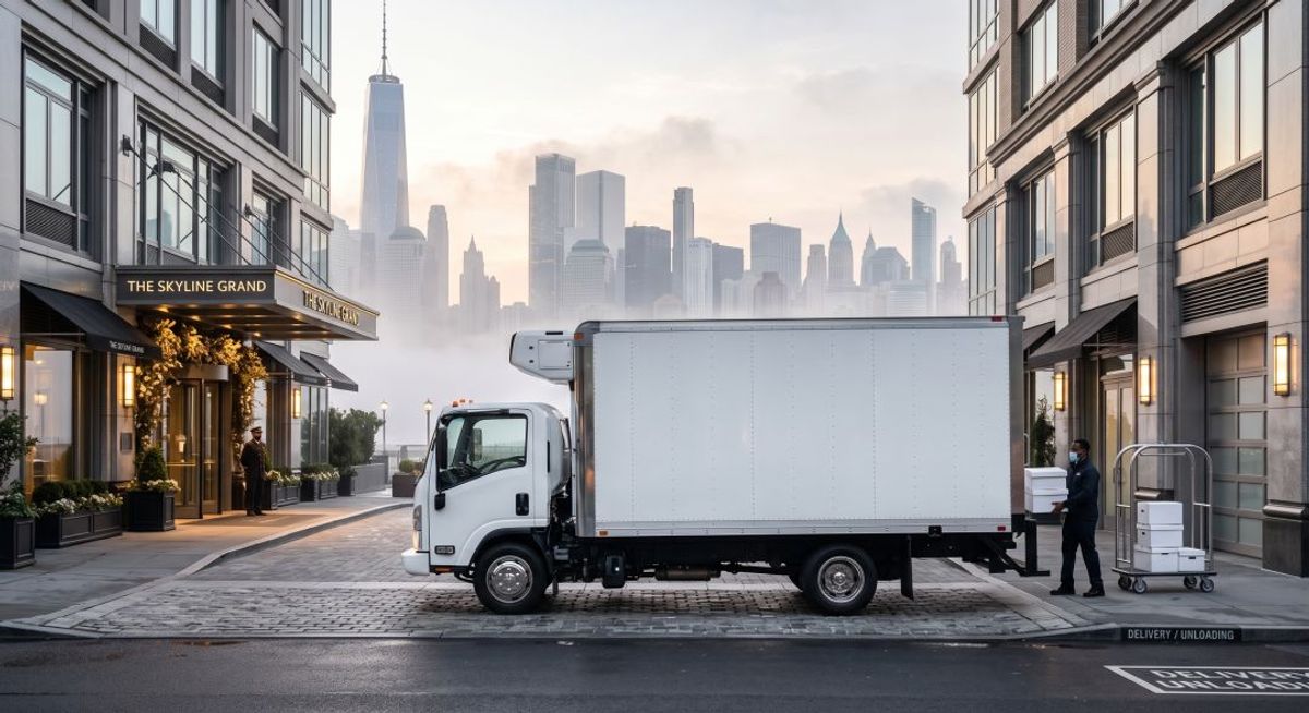 Refrigerated delivery truck making an early morning direct-store delivery outside a luxury hotel in New York City.