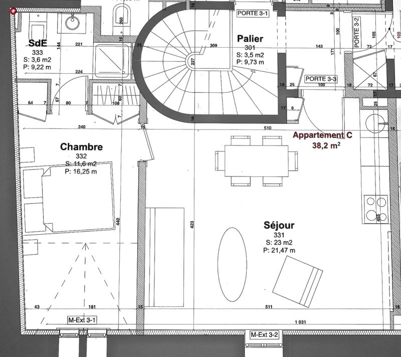 Plan de l’appartement : séjour avec cuisine de 23 m², chambre de 11,6 m², salle d’eau de 3,6 m²