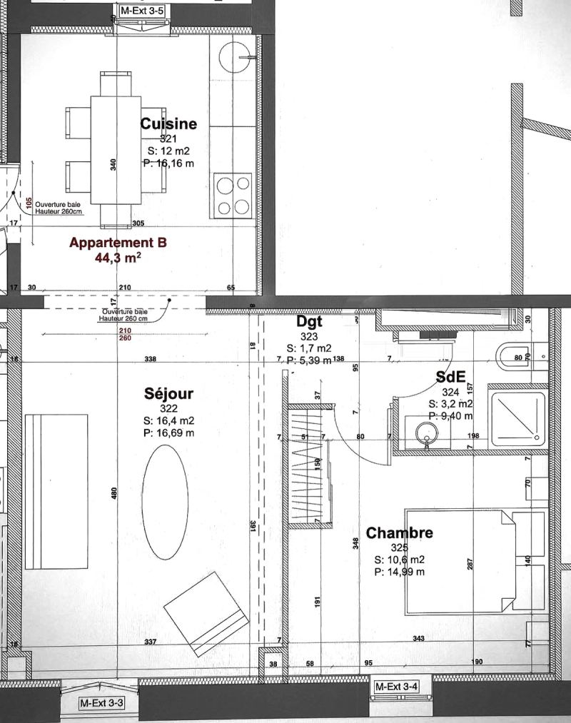Plan de l’appartement : séjour de 16,4 m², cuisine de 12 m², chambre de 10,6 m², salle d’eau de 3,2 m², dégagement de 1,7 m²