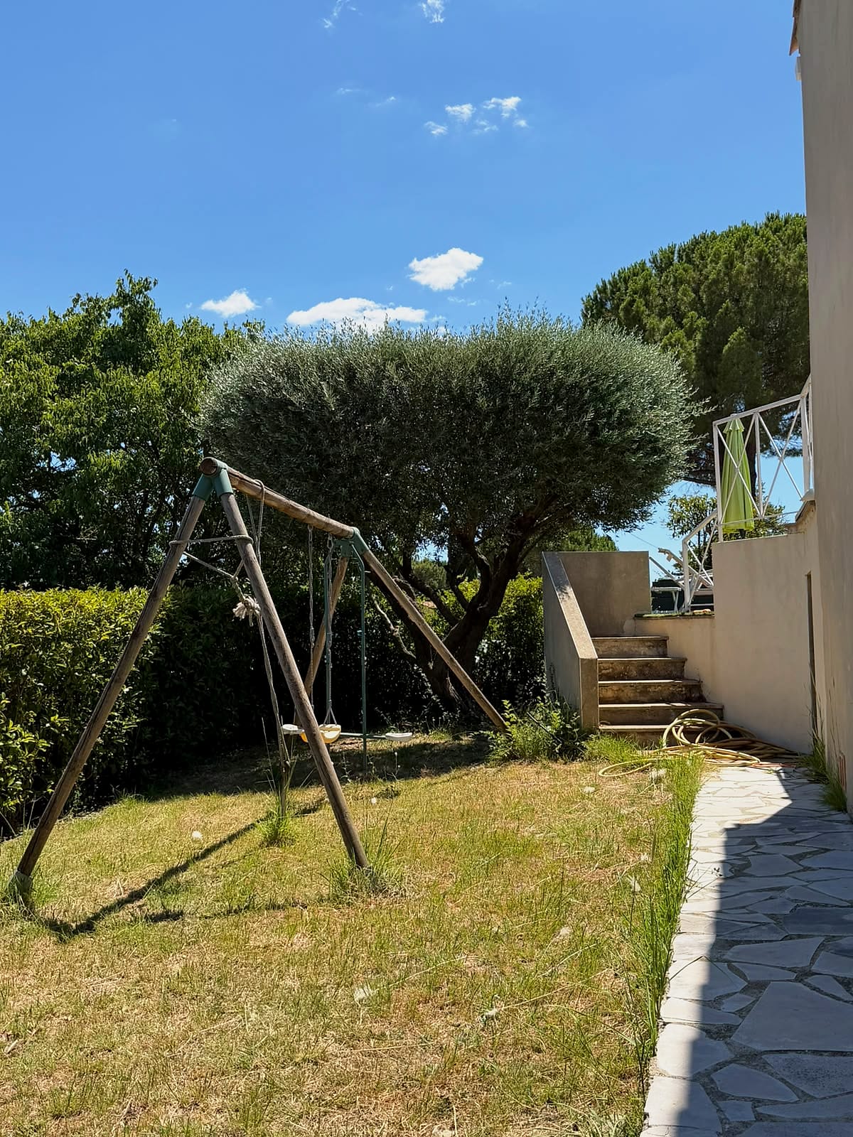 Jardin arboré avec olivier, et escalier vers la terrasse de la piscine