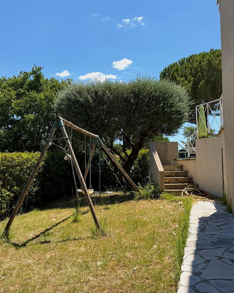 Jardin arboré avec olivier, et escalier vers la terrasse de la piscine