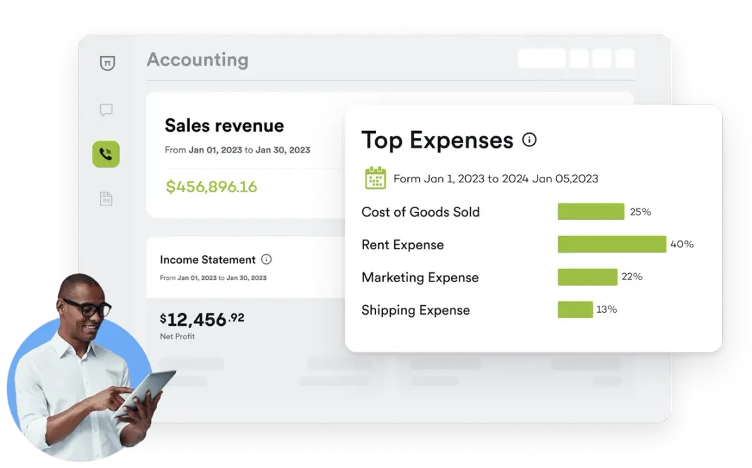 Accounting dashboard showing sales revenue and a Top Expenses breakdown by category, reviewed by an advisor on a tablet.