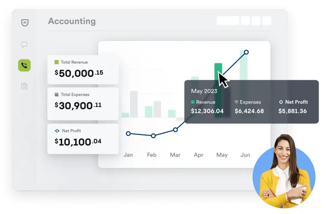 Accounting dashboard with total revenue, total expenses and net profit next to a monthly revenue and profit chart.
