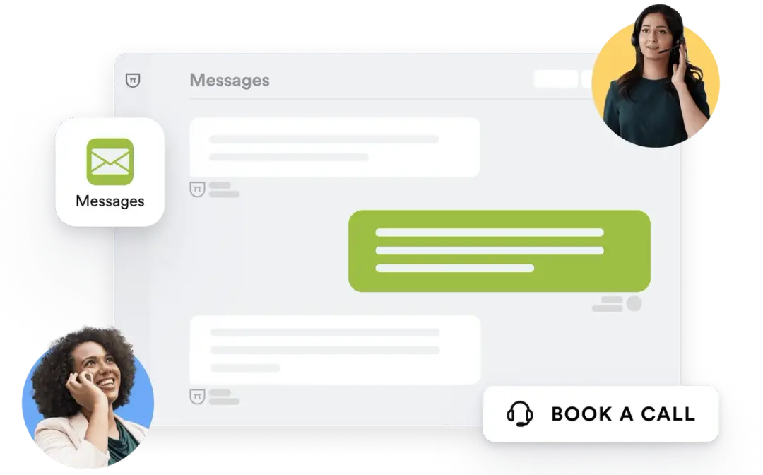 Messaging app with a customer conversation, insets of two advisors on headset calls and a Book a call button.