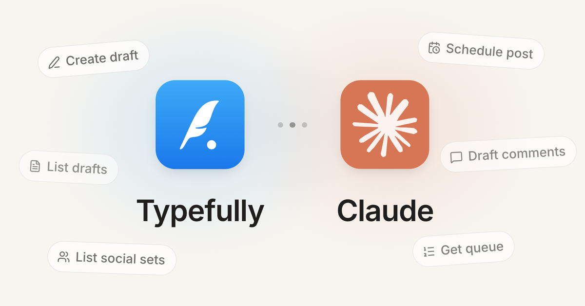 Typefully and Claude connector icons surrounded by actions for drafting, scheduling, queue management, and draft comments.