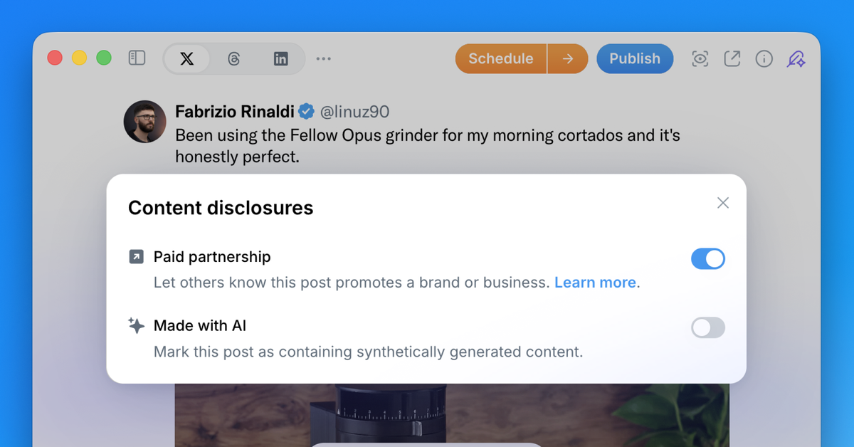 X disclosure settings add paid partnership and AI-generated content labels.