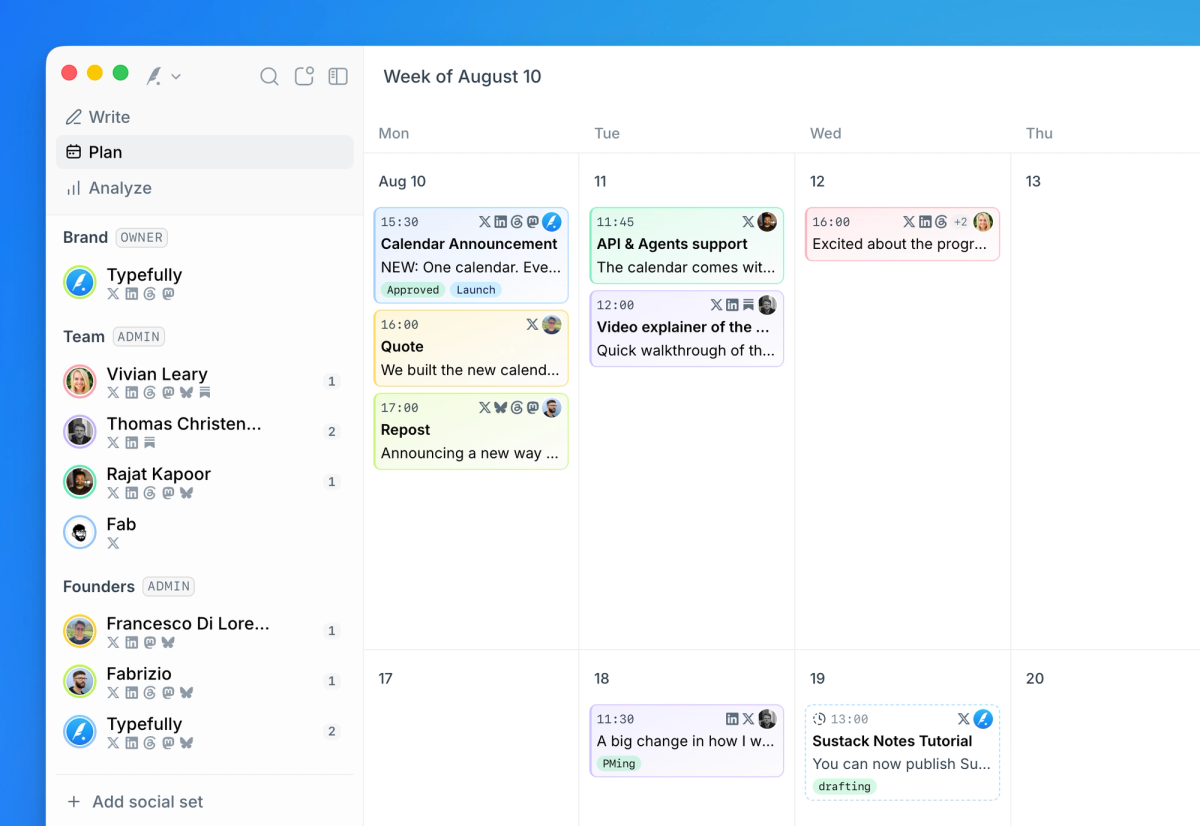 Typefully Plan mode showing planned posts for a launch across several social sets.