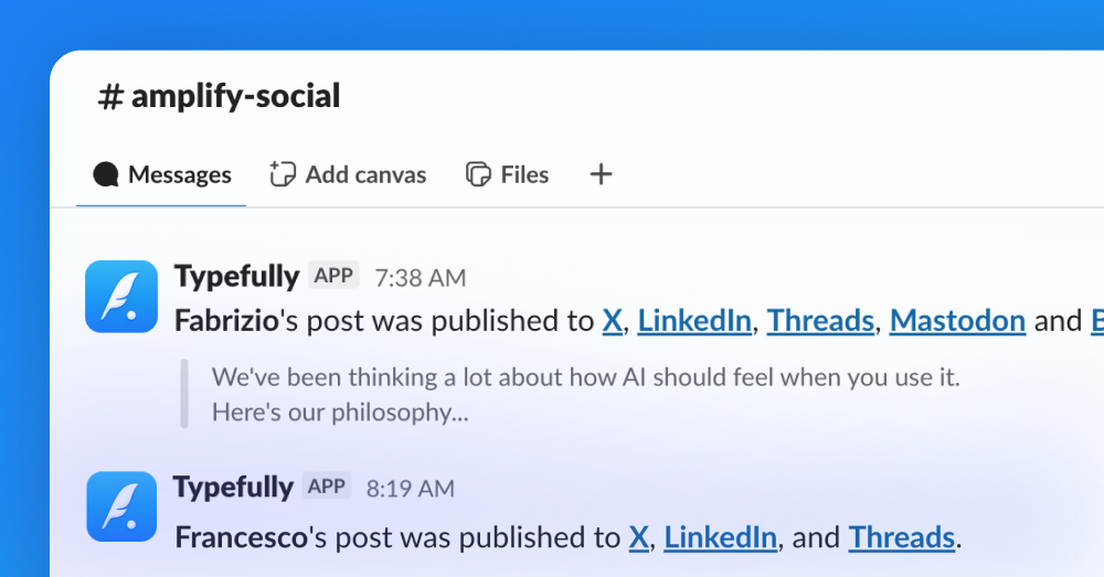 Slack notifications announce newly published Typefully posts in an amplify channel.