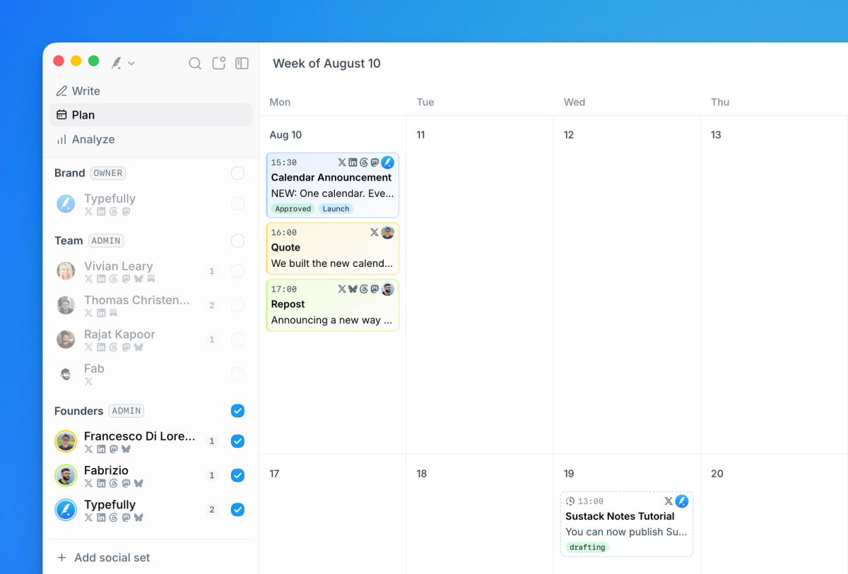 Typefully Plan mode filtered to focus on a group of social sets in the calendar.