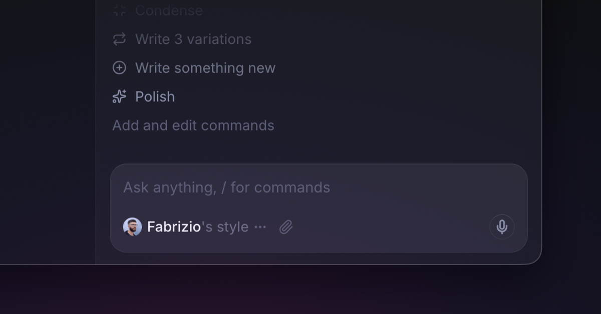 The Writing Assistant command menu opens directly inside the editor.