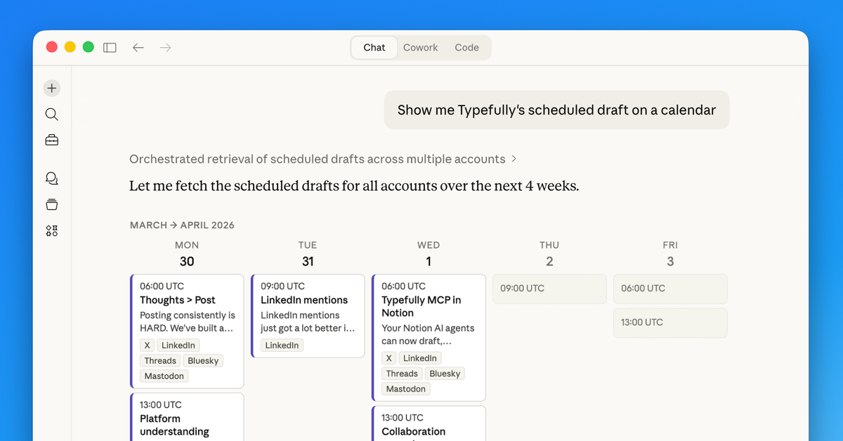 An AI agent retrieves scheduled drafts and places them on a calendar.