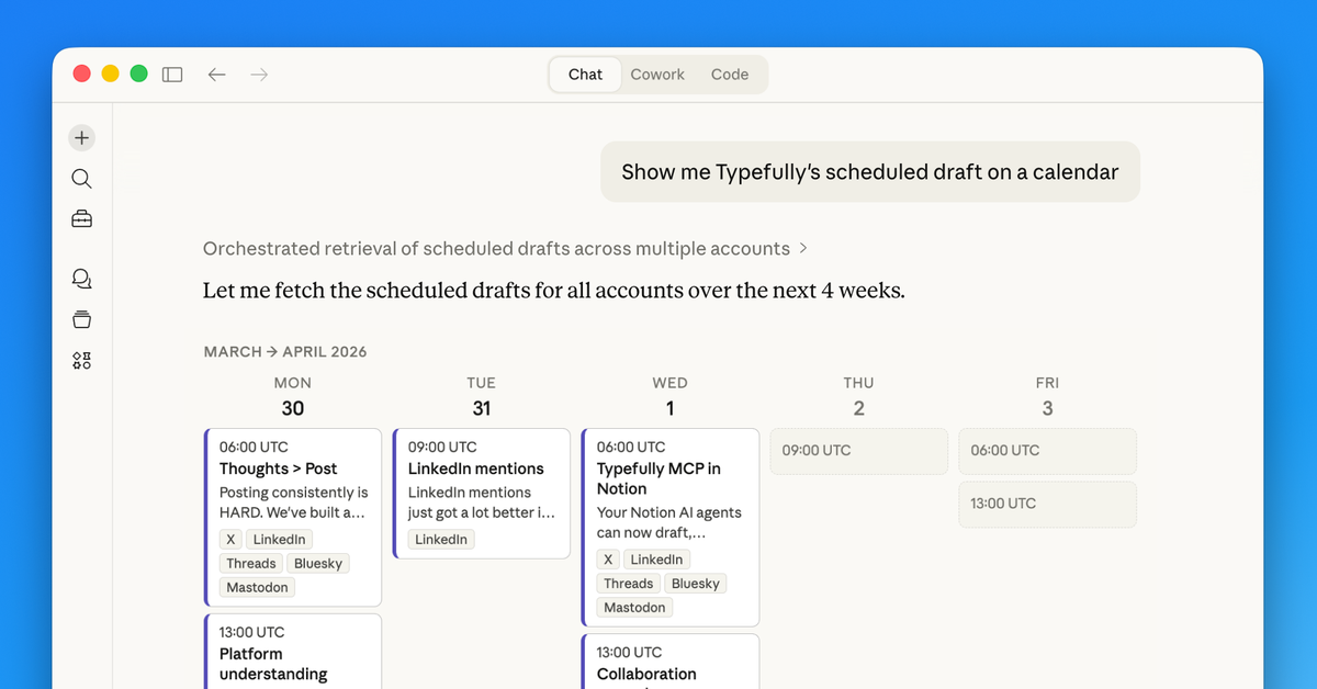 An AI agent retrieves scheduled drafts and places them on a calendar.