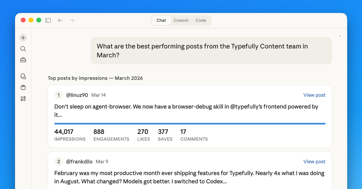An AI agent answers an analytics question with top posts and engagement metrics.