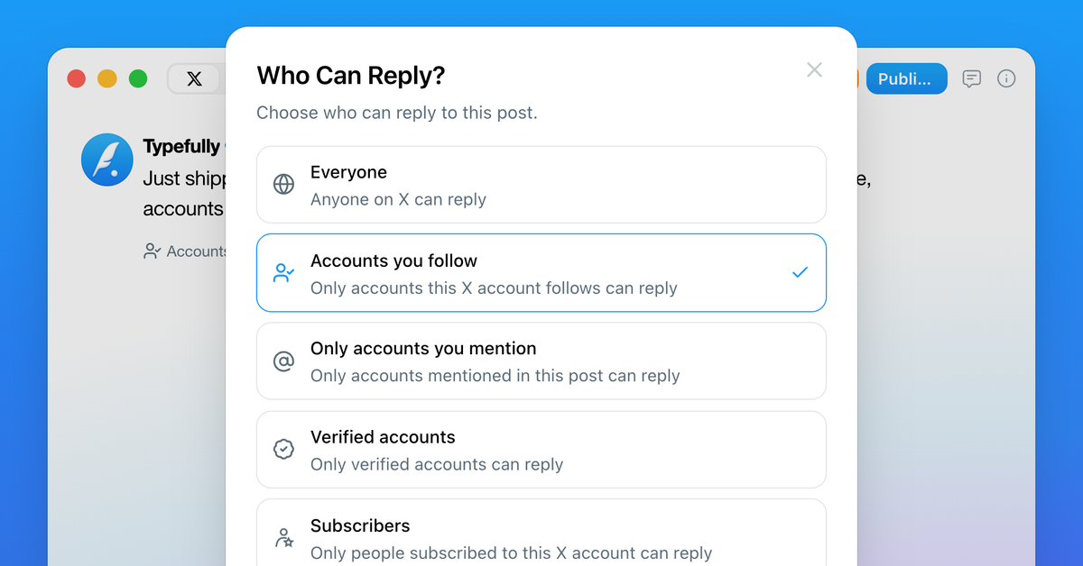 Typefully composer showing the Who Can Reply settings for an X post.