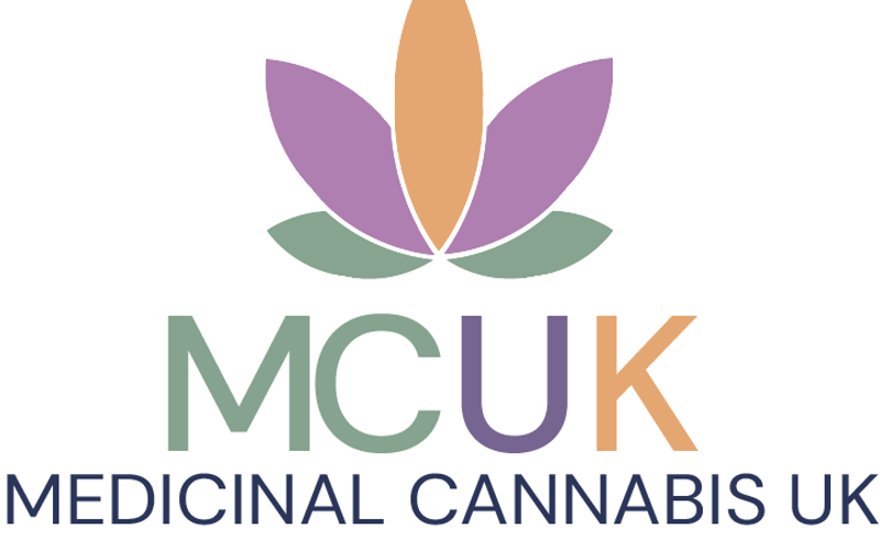 MCUK Logo - Orange, Purple adn Green Leaf with Text "MCUK - Medicinal Cannabis UK. Holistic Patient Led Support