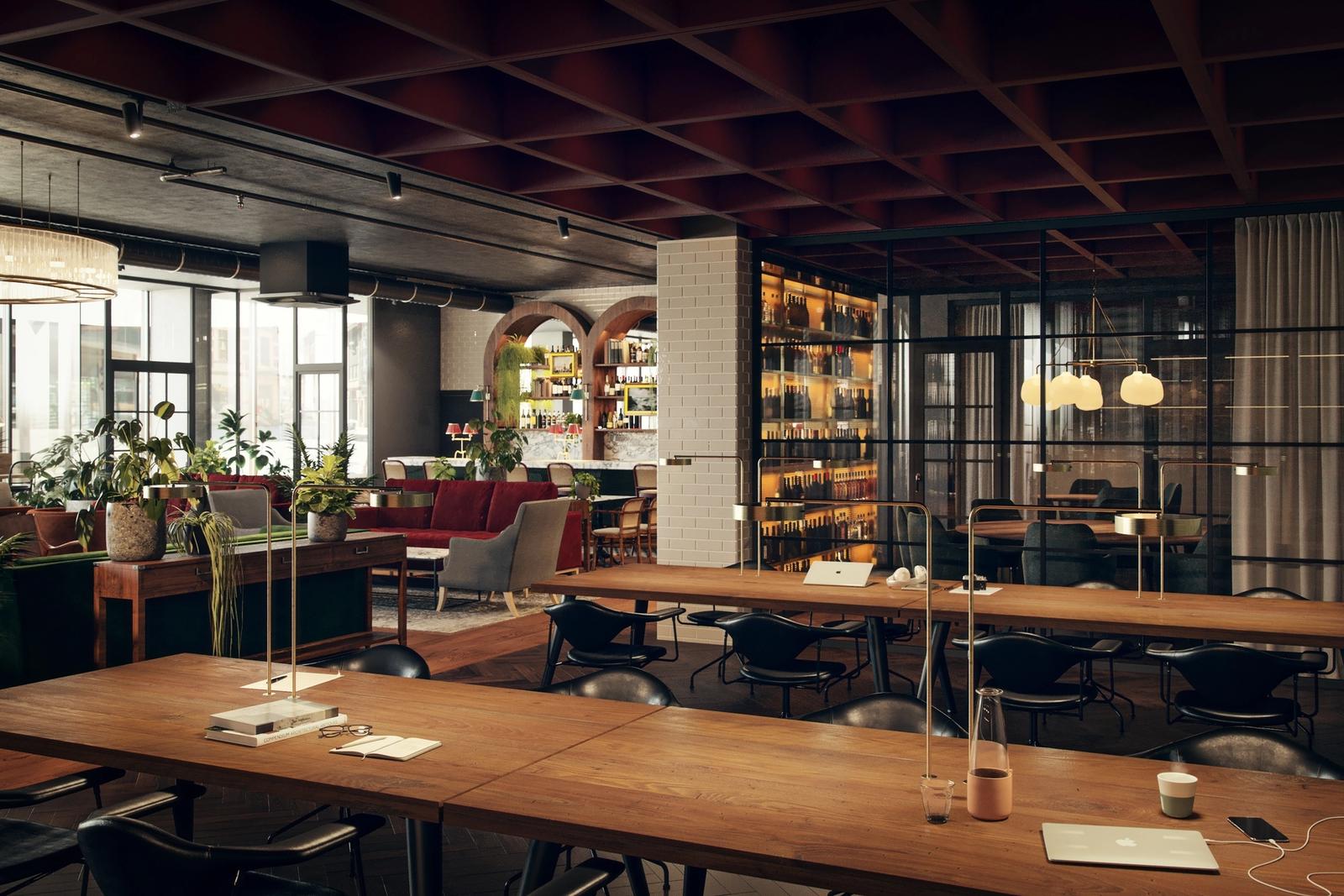 Bilet viser arbeidsplasser i café setting.