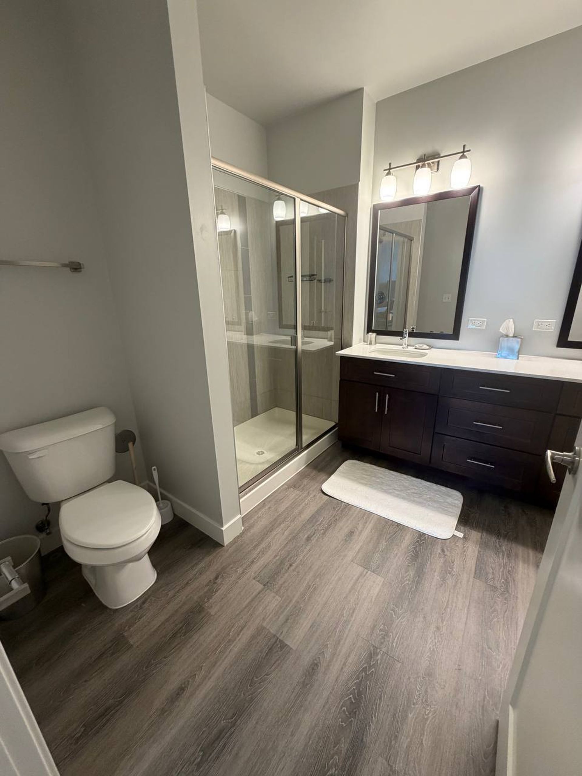 Bathroom with glass shower, dark vanity and wood-look floor