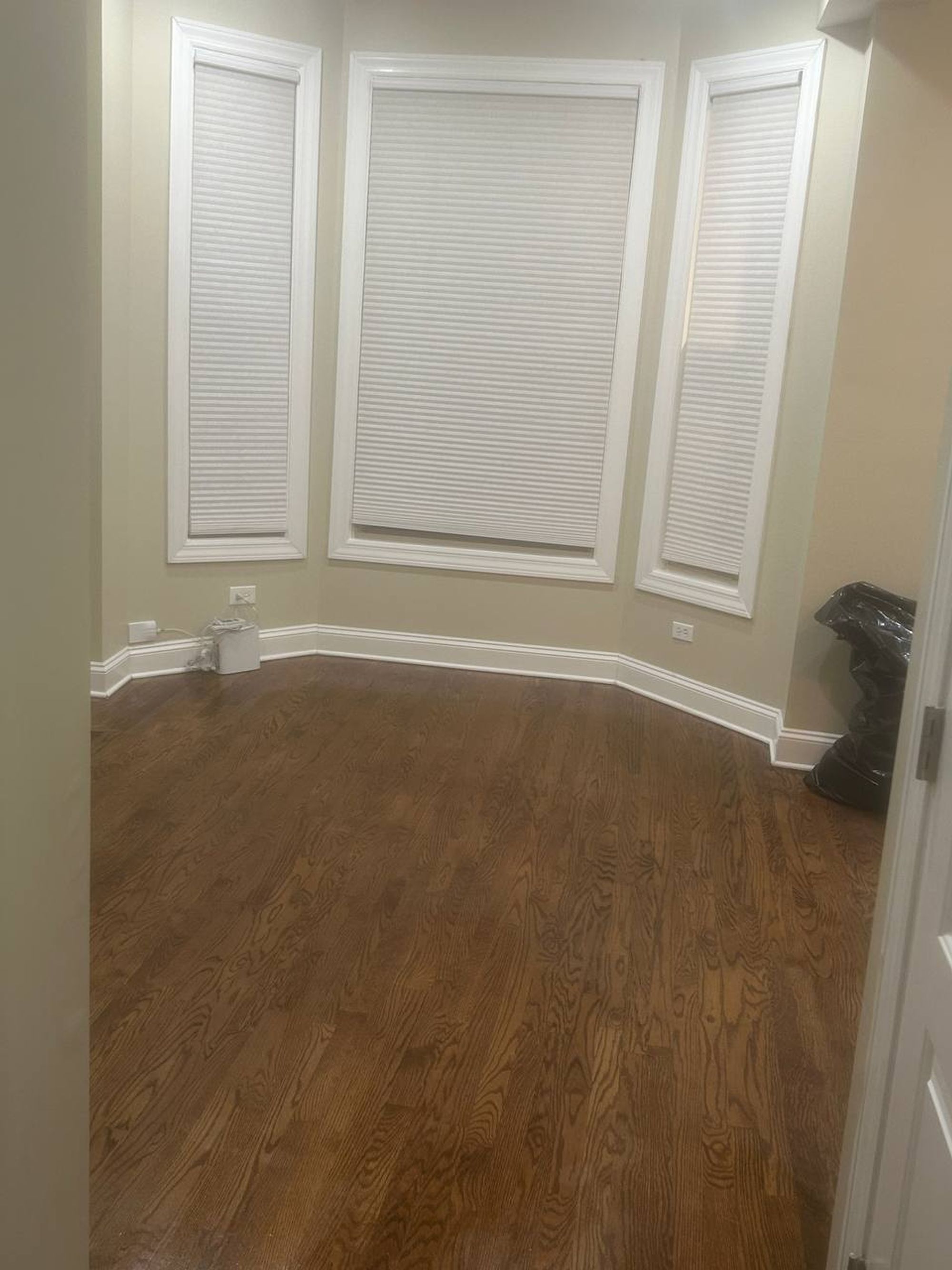 Empty room with three shaded bay windows and dark wood floor