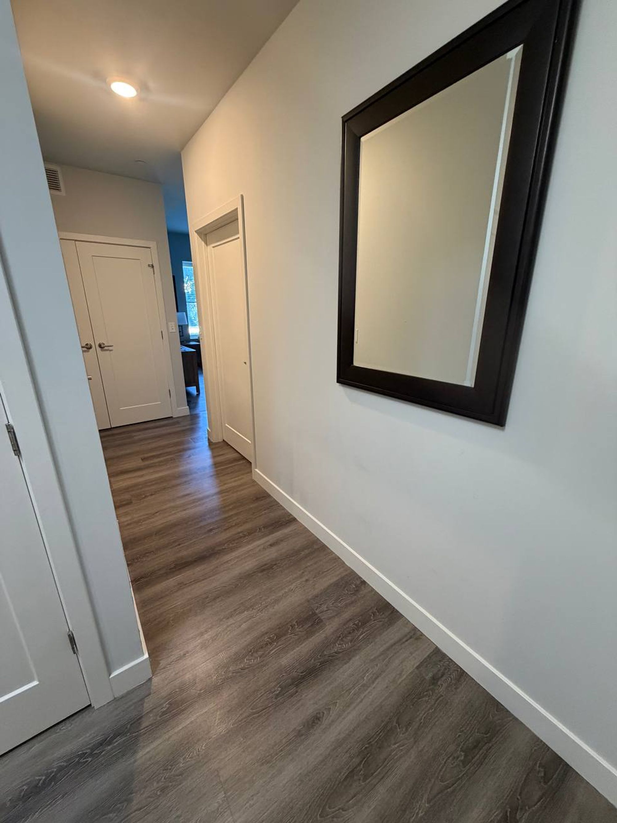 Long hallway with wood-look floor and a large framed mirror