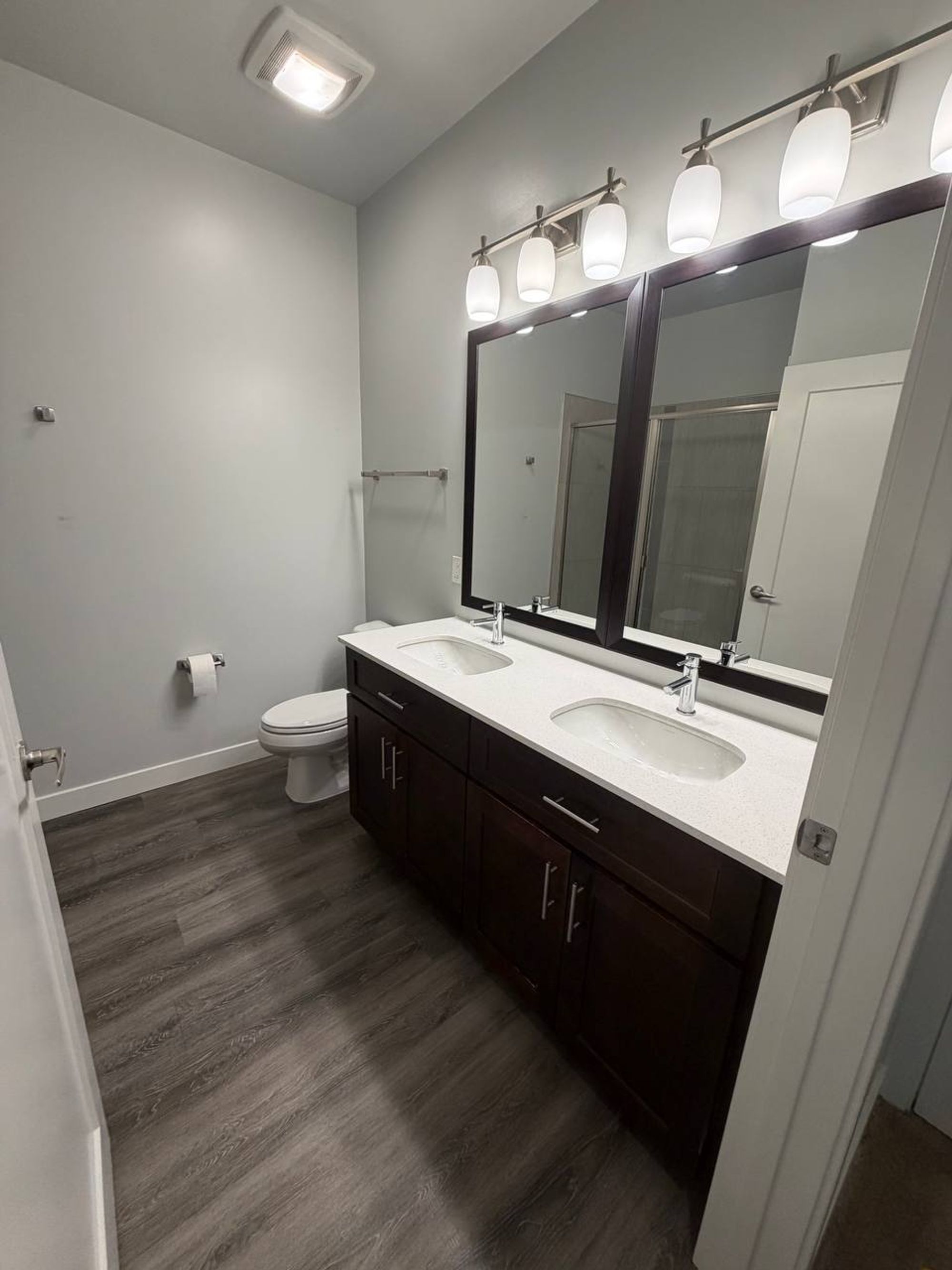 Bathroom with dark double vanity, two mirrors and wood-look floor