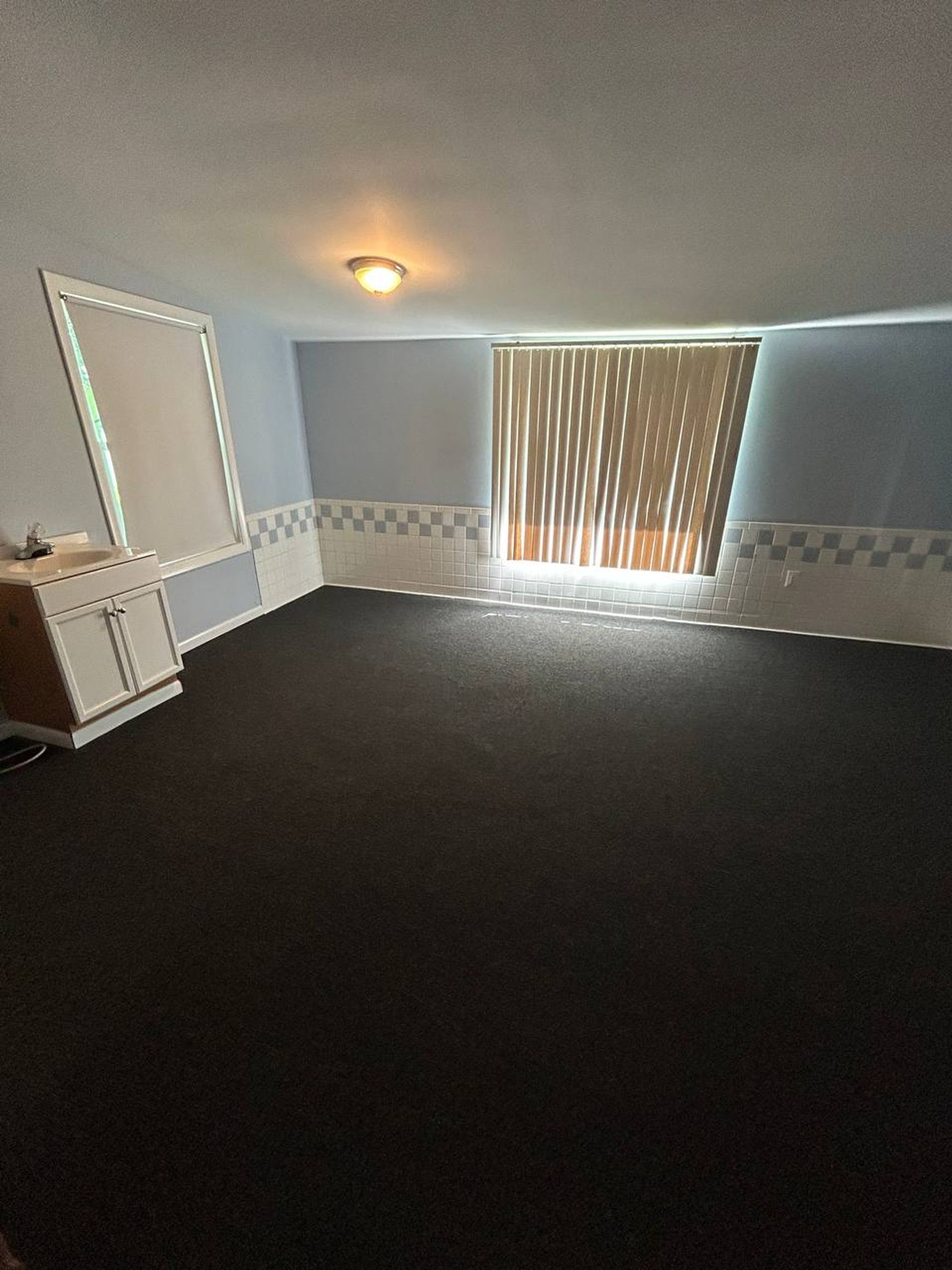 Empty basement room with dark carpet, blue tile wainscot and small sink
