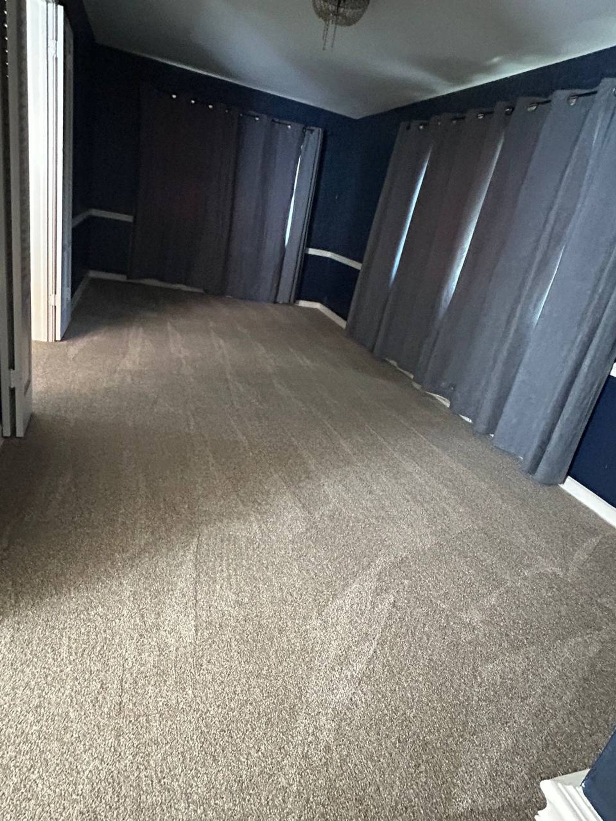 Empty bedroom with navy walls, gray curtains and vacuumed carpet
