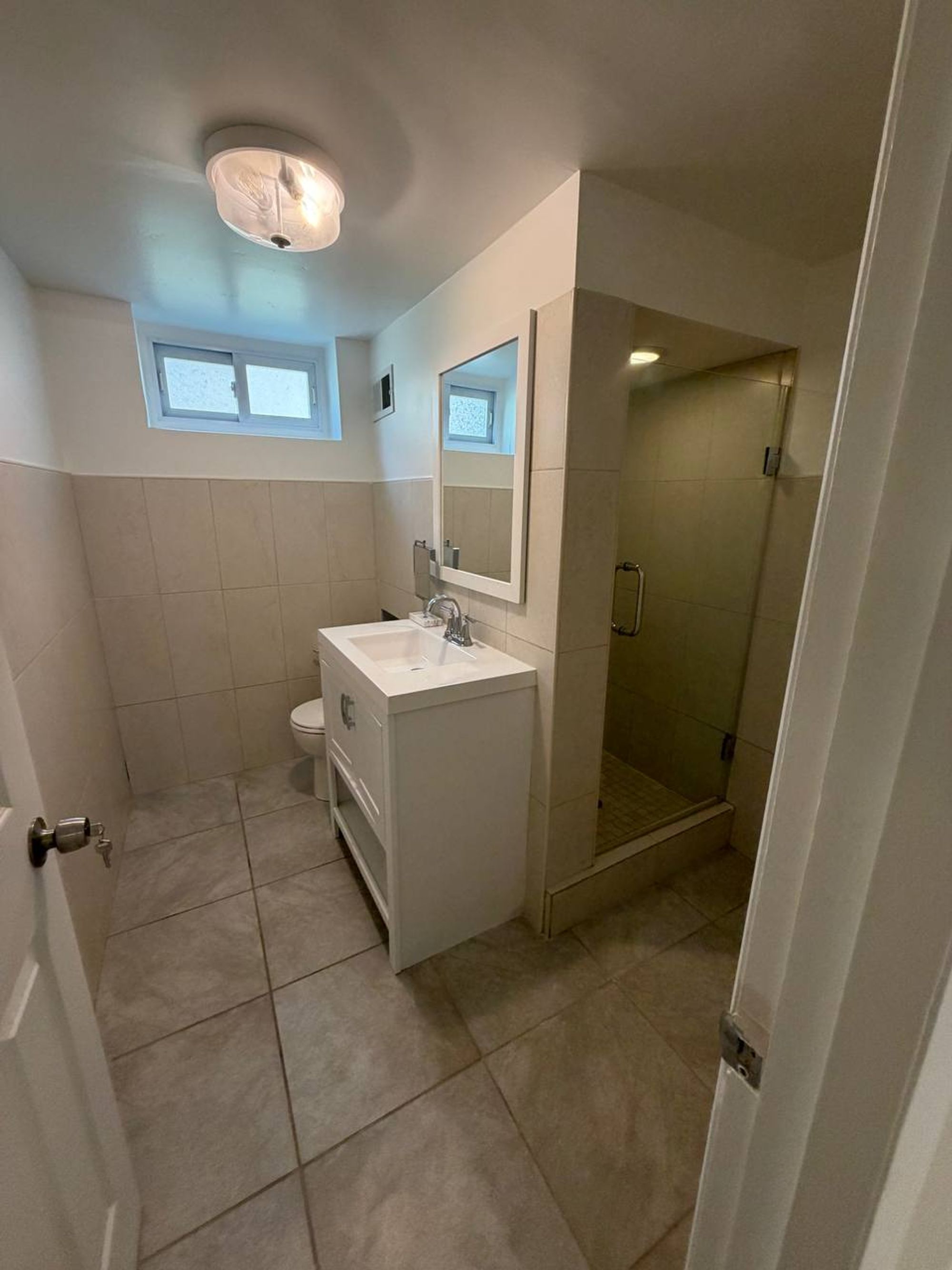 Basement bathroom with white vanity and glass walk-in shower