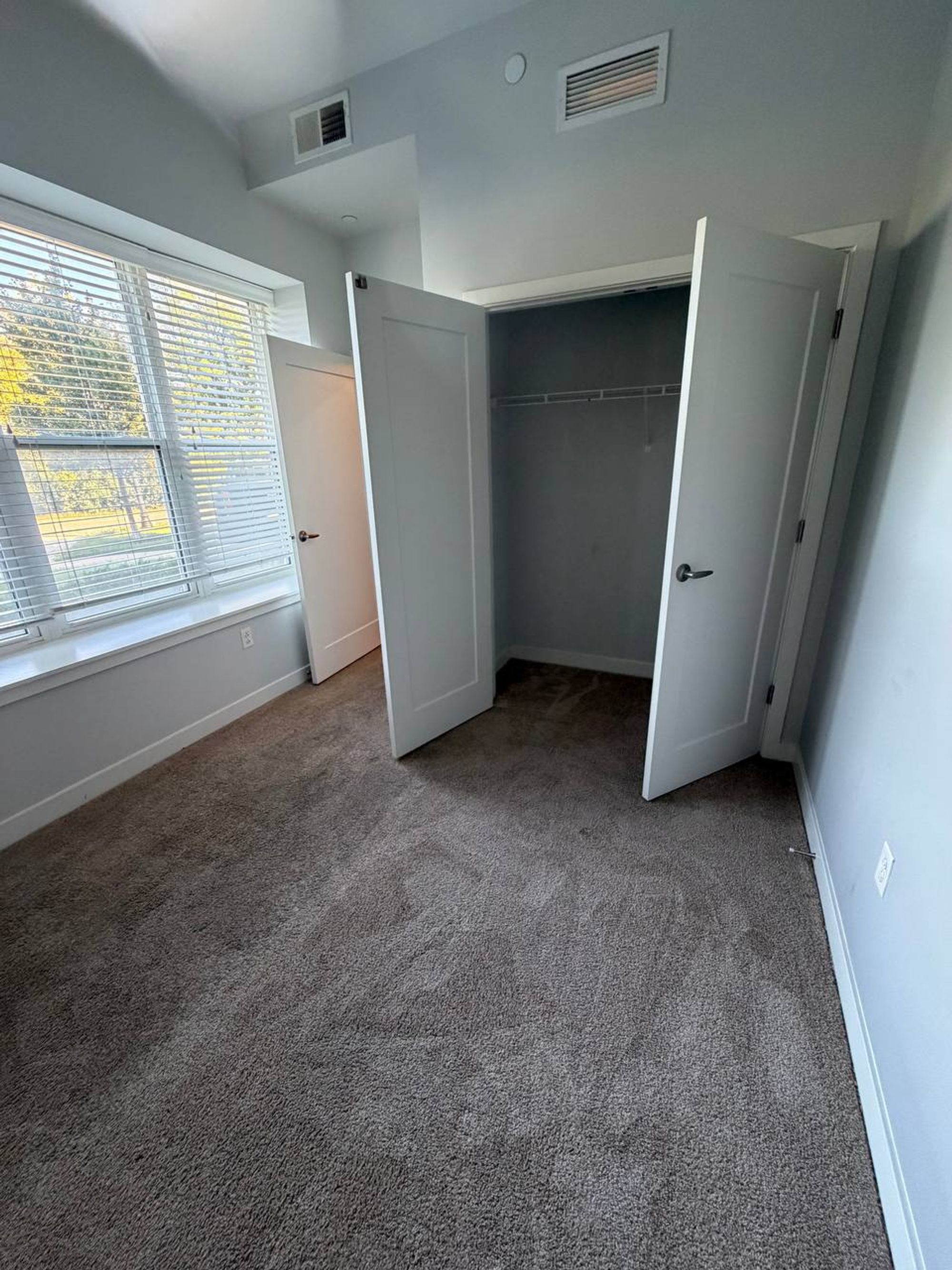Empty bedroom with open closet, carpet and large window