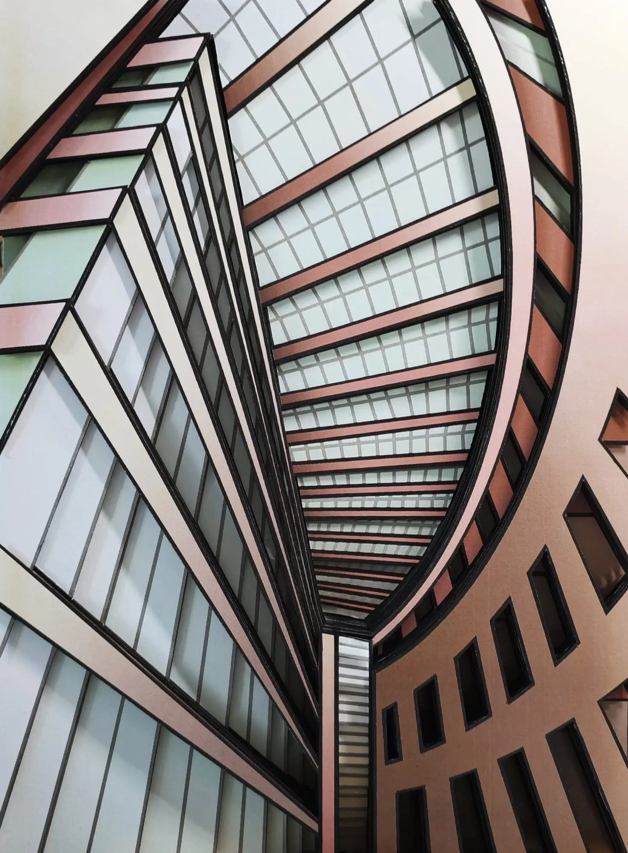 Architecture graphique aux lignes noires, façades rose poudré et verre vert d'eau, composée en perspective vertigineuse.