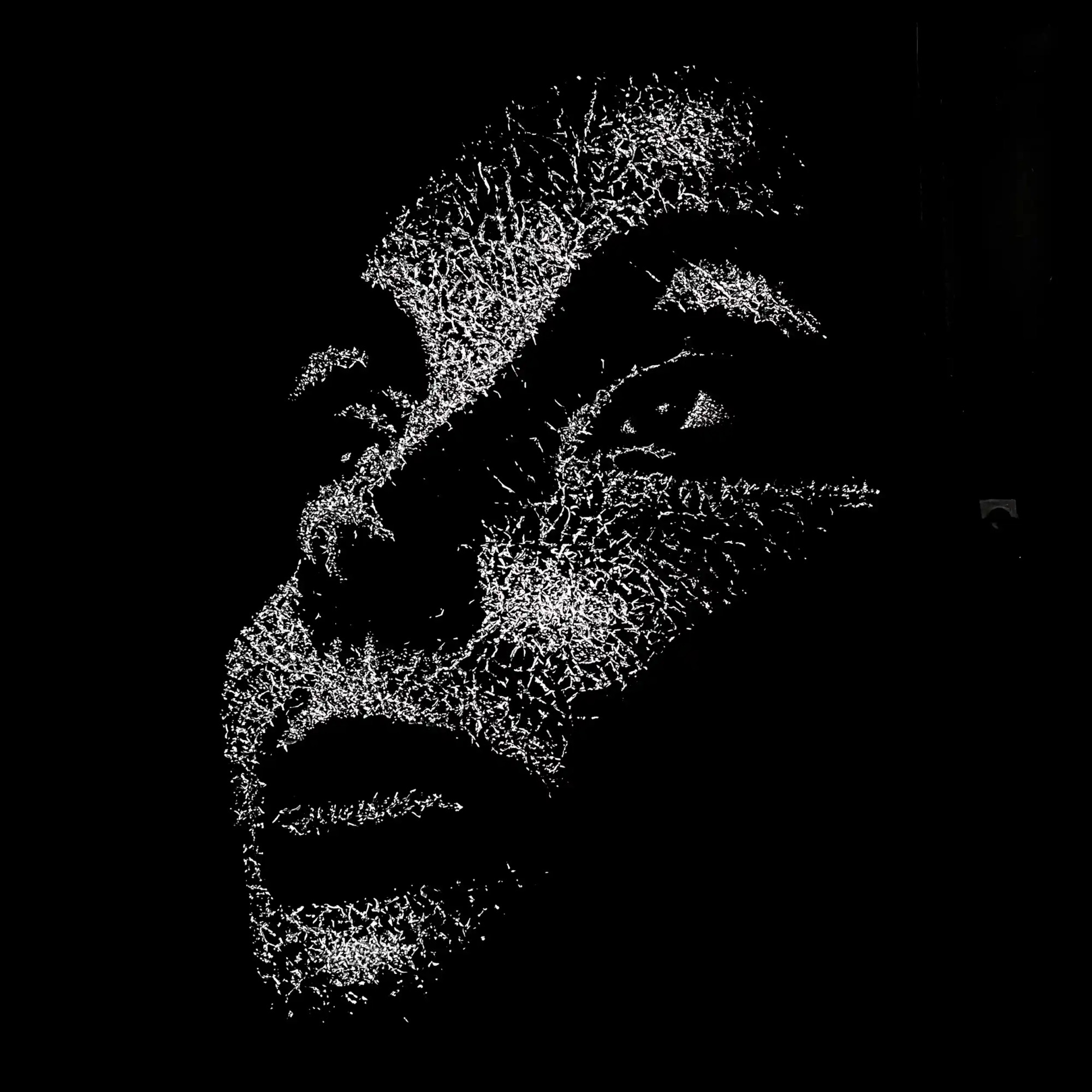 Visage féminin émergeant d’une plaque de verre brisé, jeux de lumière, esthétique contemporaine et délicate.
