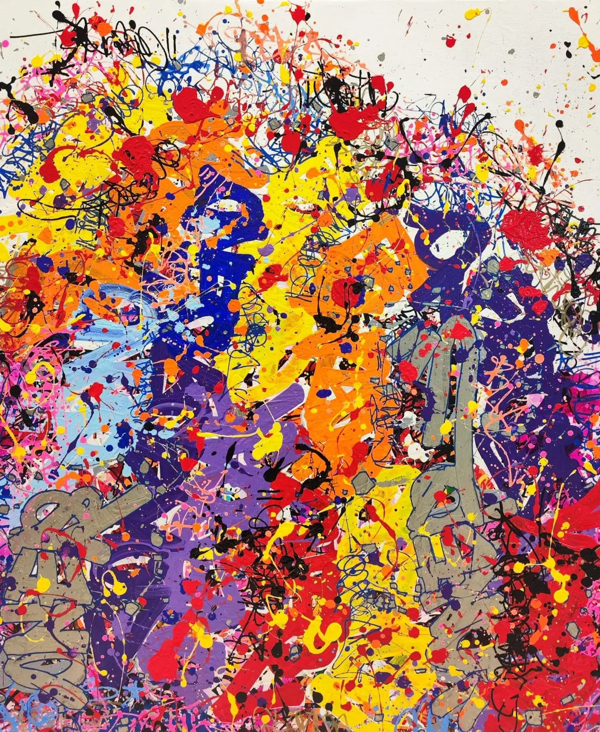 Composition gestuelle en jaune, orange, violet et rouge, coulures colorées sur fond blanc.