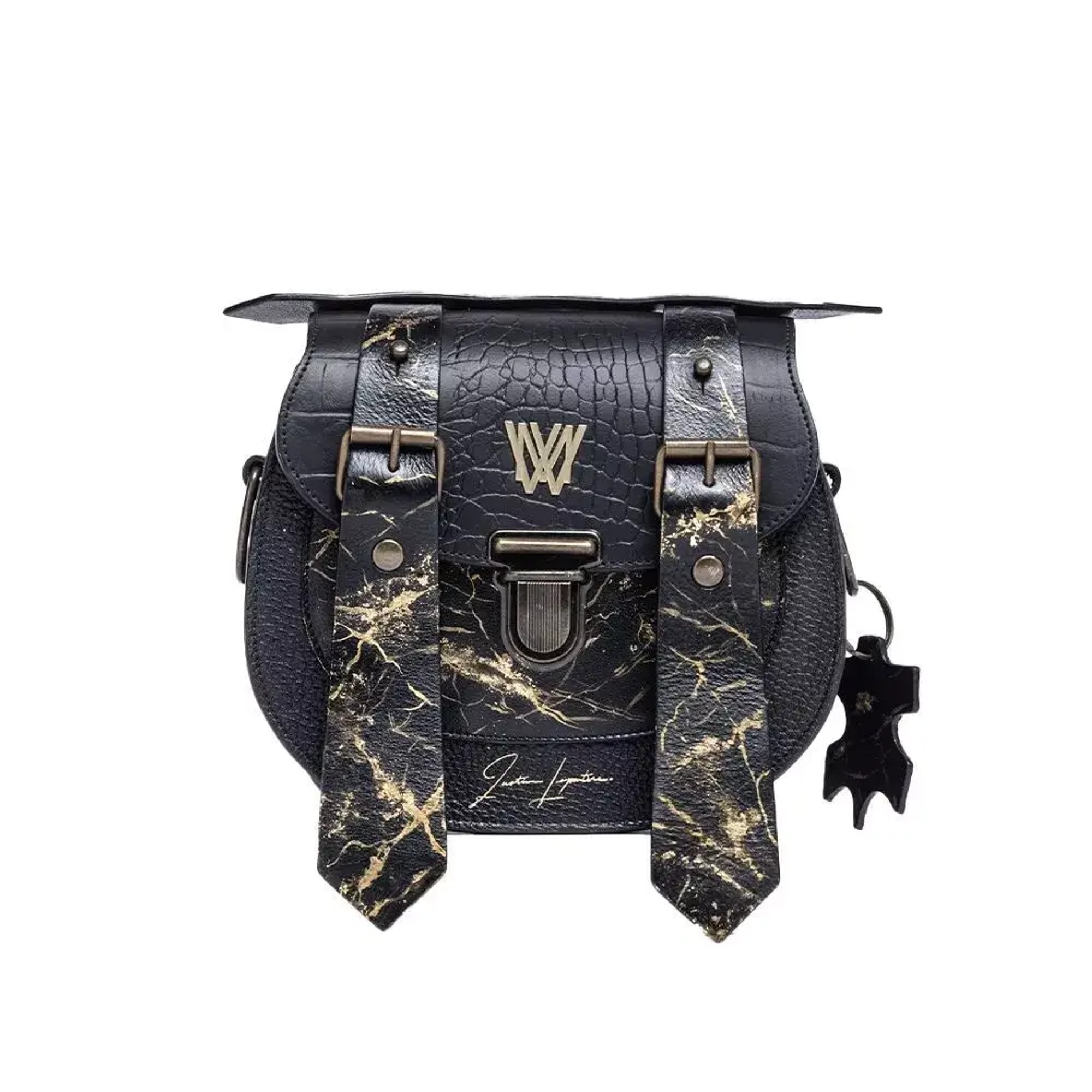 Sac besace noir arrondi, lanières effet marbré or Kintsugi, fermoir métallique, signature artiste dorée, style rock chic.