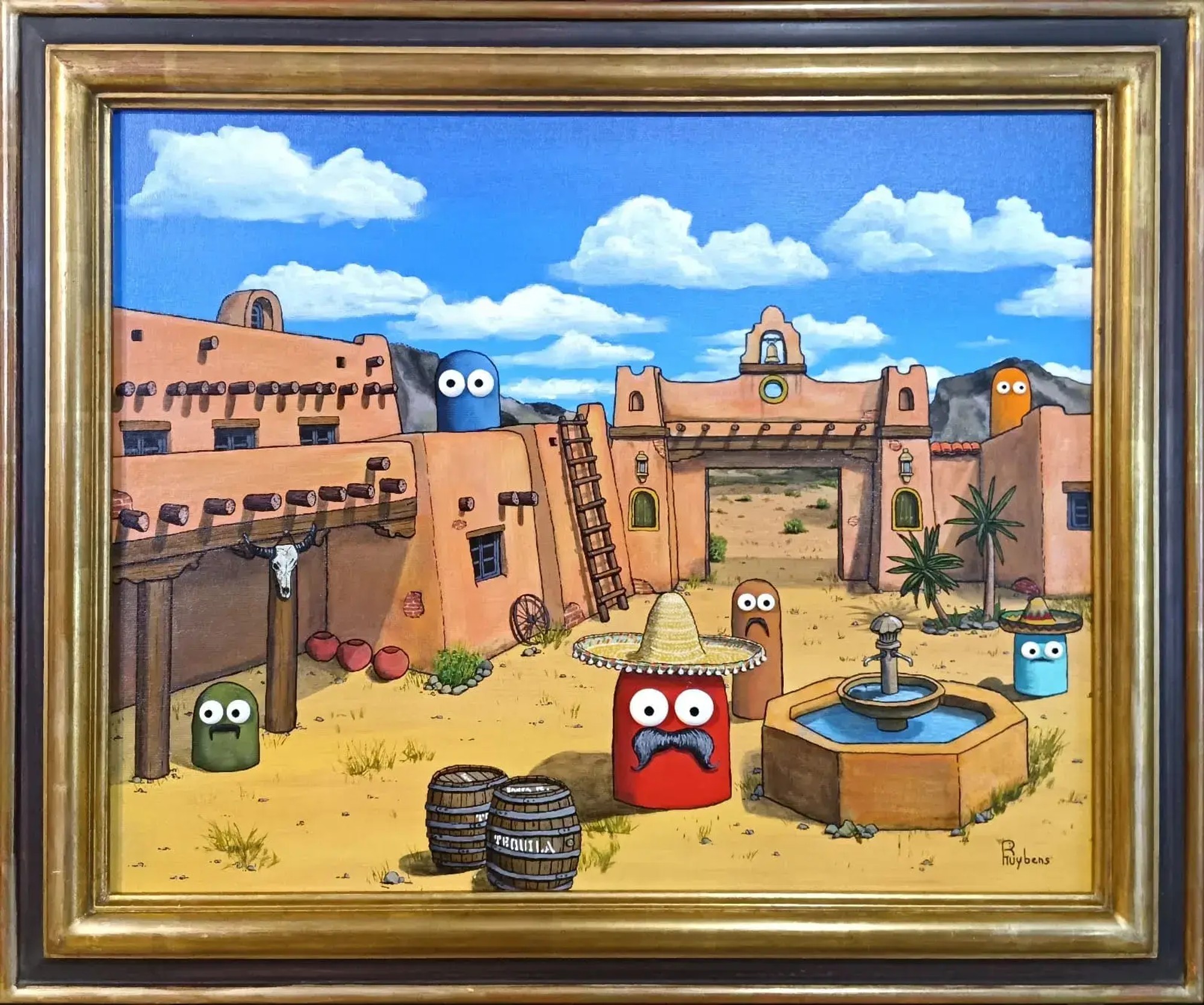 Village mexicain aux murs ocre, personnages colorés aux yeux ronds, ciel bleu avec nuages blancs, style naïf