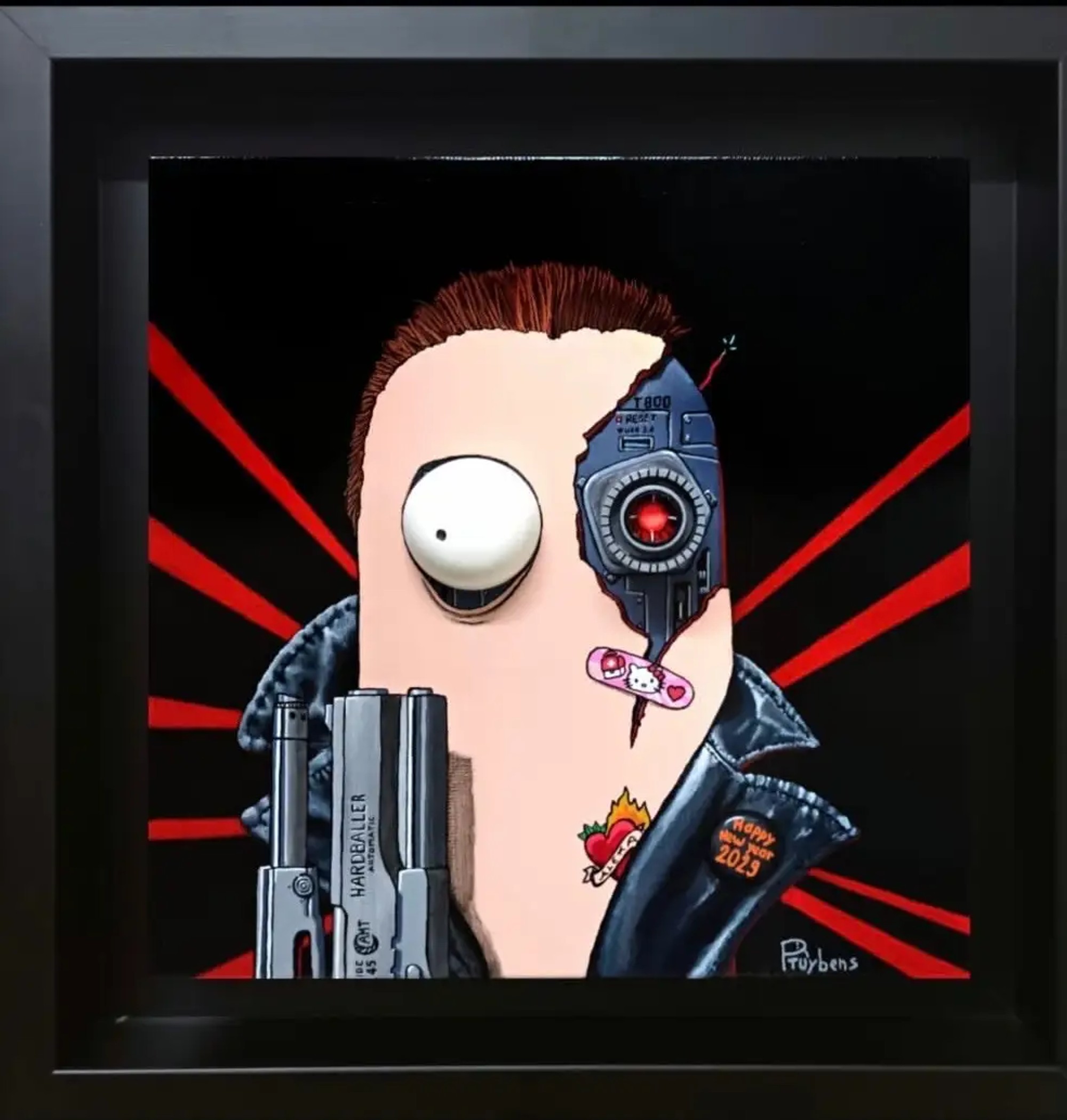 Truc mi-humain mi-robot façon Terminator, œil rouge cybernétique, fond noir et rayons rouges, pistolet.