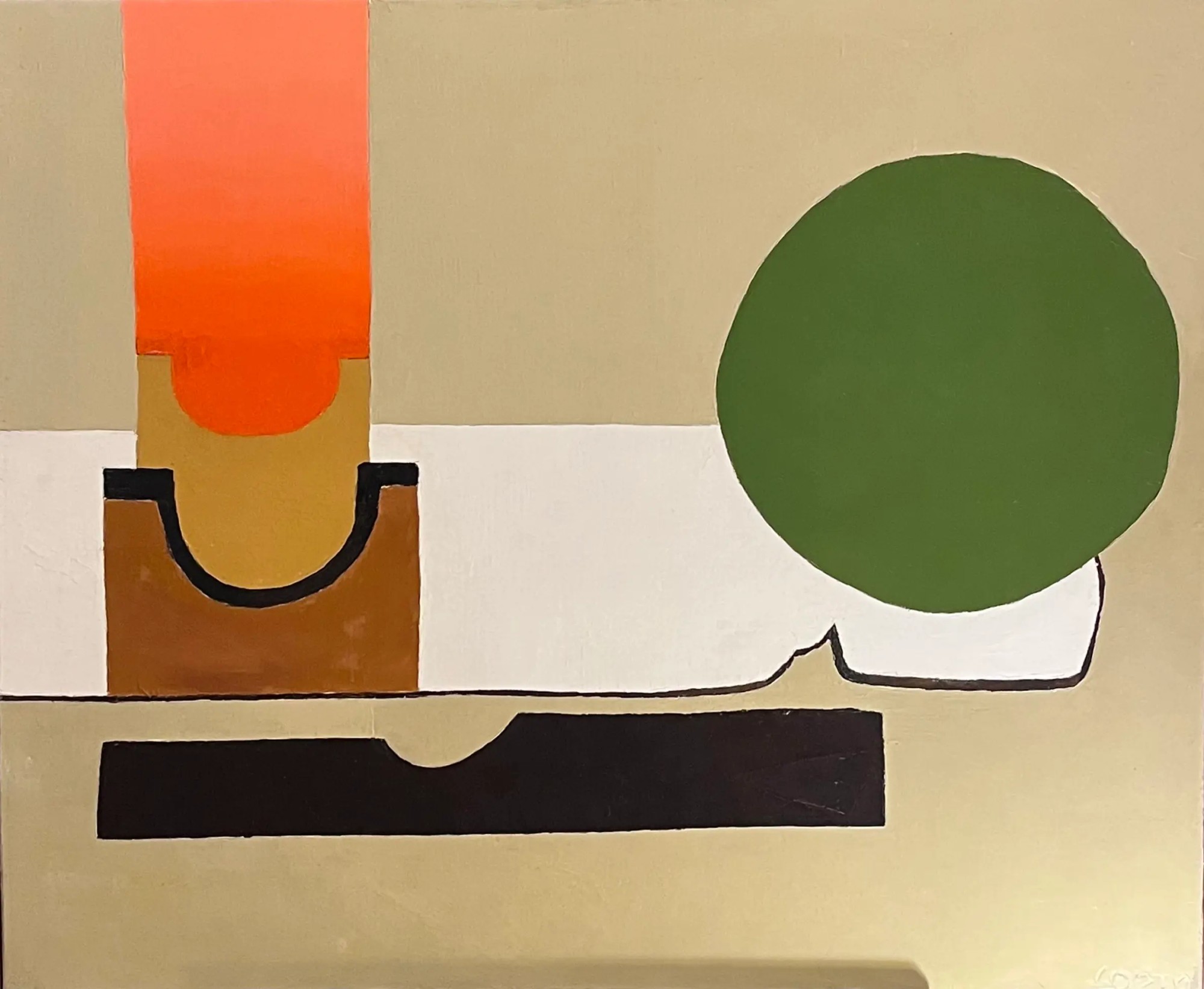 Cercle vert et formes ocre, orange et noires sur fond beige dans une composition géométrique