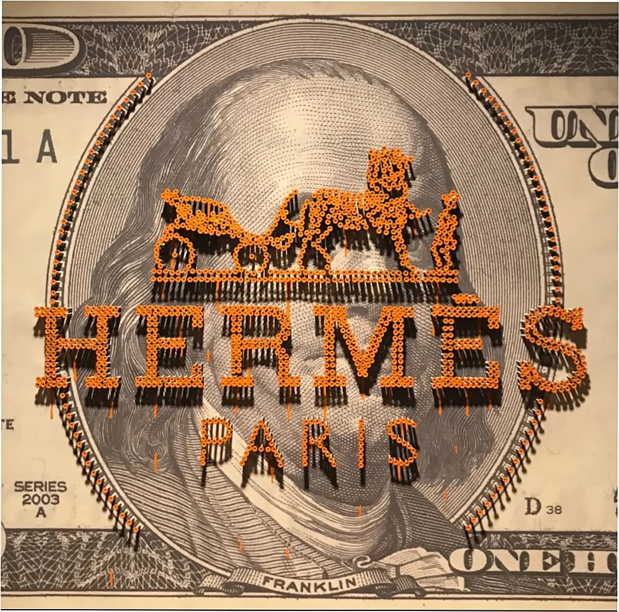 Peinture du billet américain de un dollar avec le logo Hermès par dessus