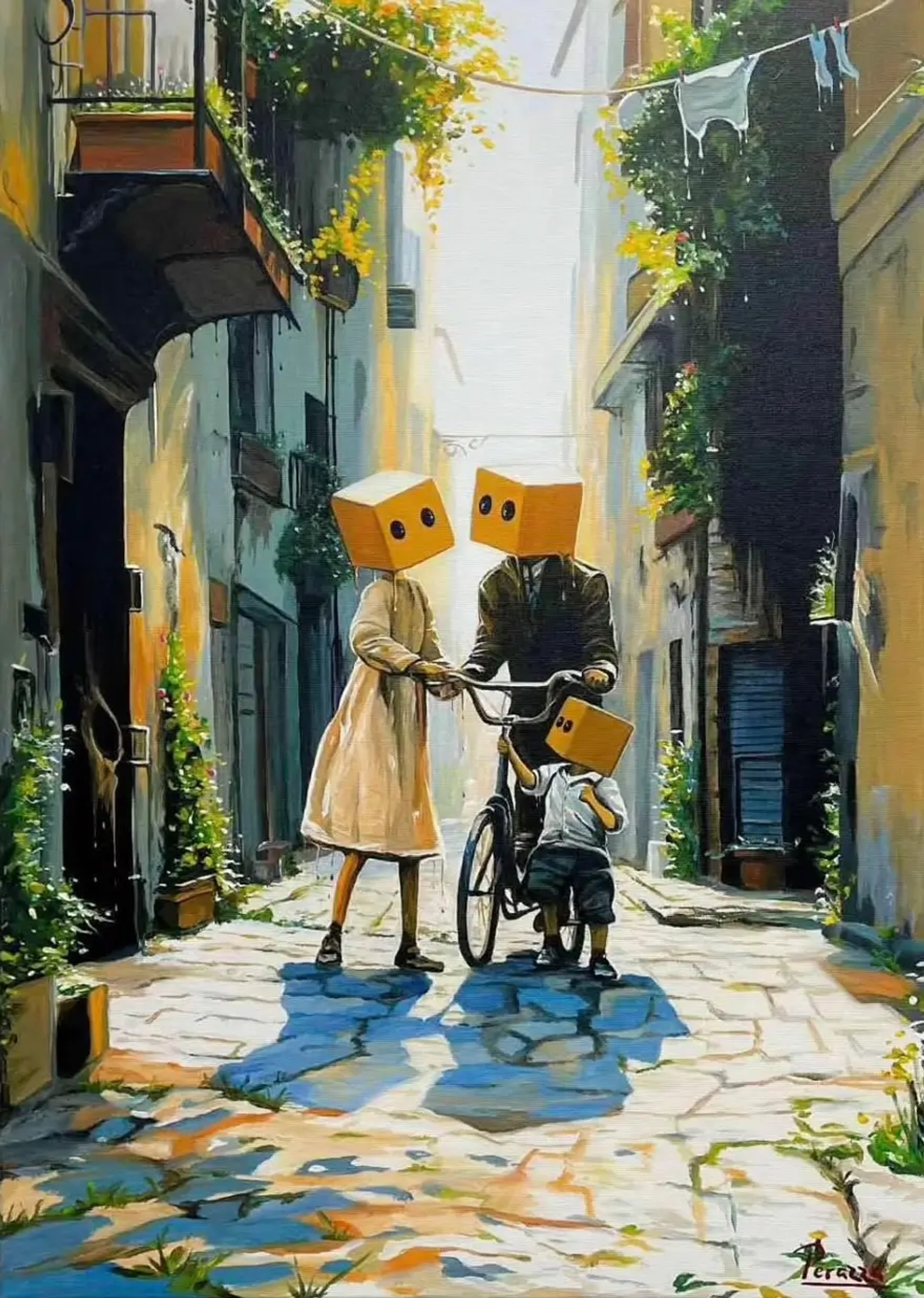 Drippy et sa famille aux têtes cubiques jaunes guident un vélo dans une ruelle verte et baignée de soleil.