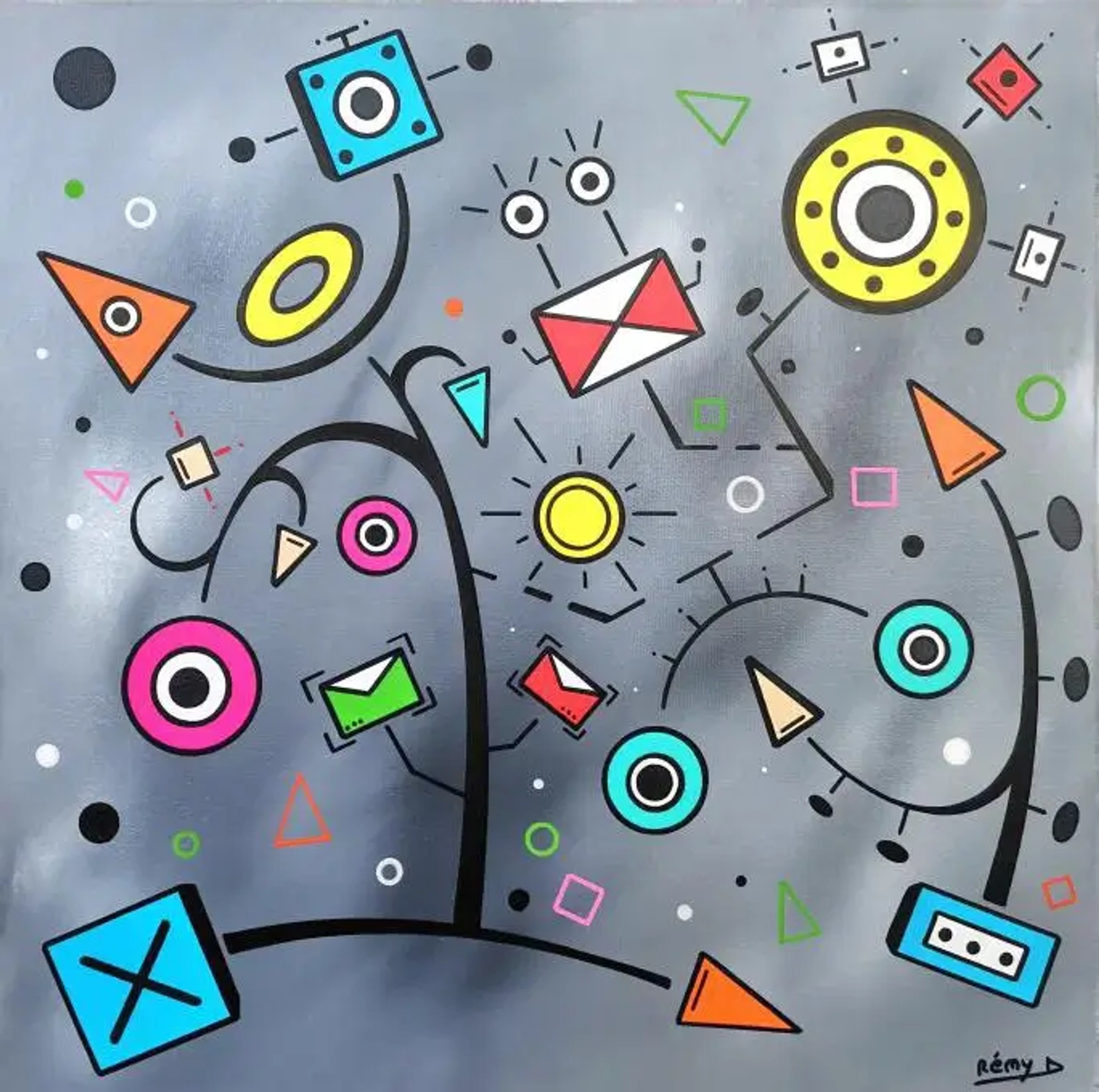 Fond gris, géométrie pop avec cercles rose et turquoise, triangles orange et enveloppes rouges, lignes noires courbes.