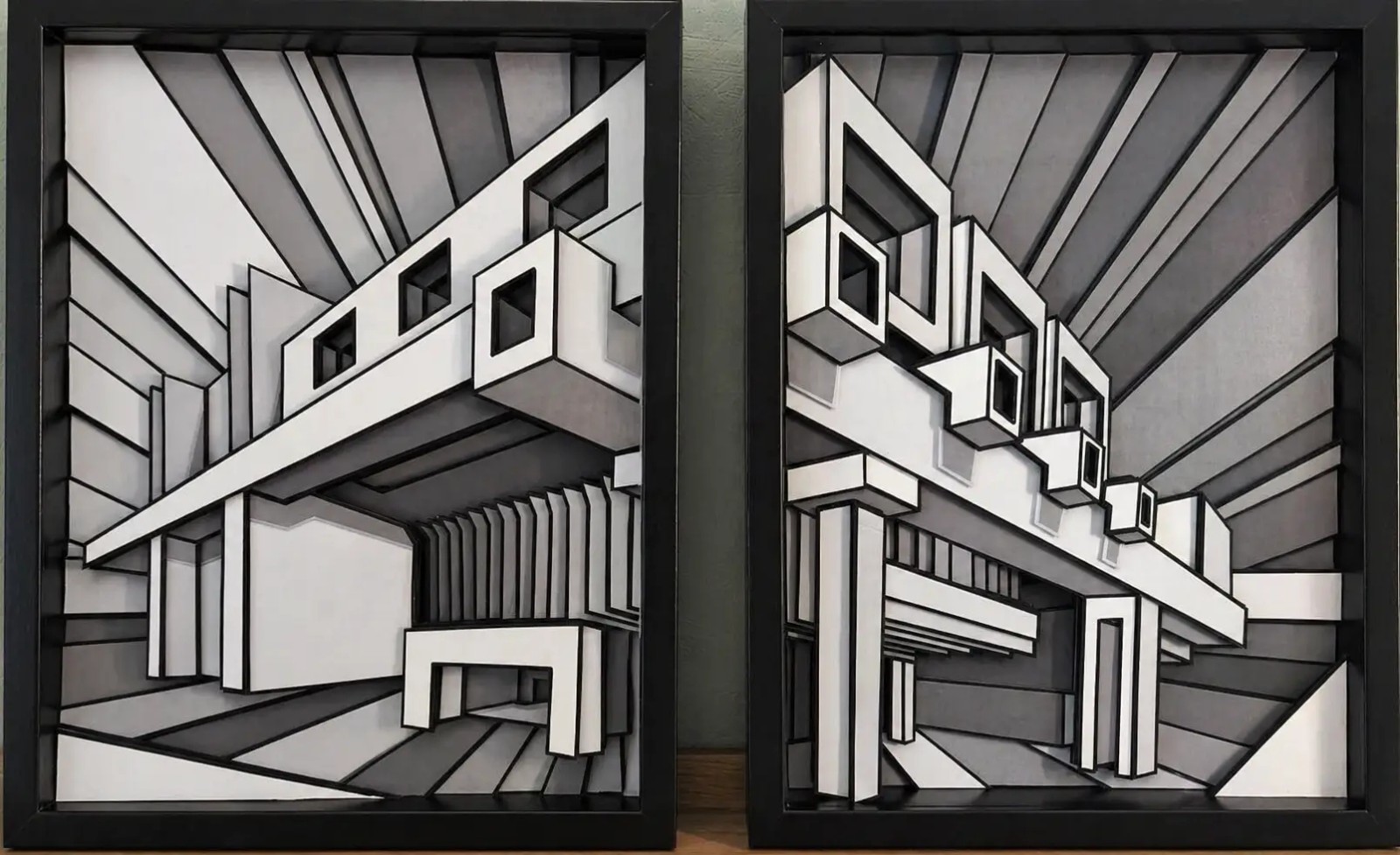 Diptyque en bas-relief noir et blanc, édifices brutalistes vus en contre-plongée sur lignes rayonnantes en éventail