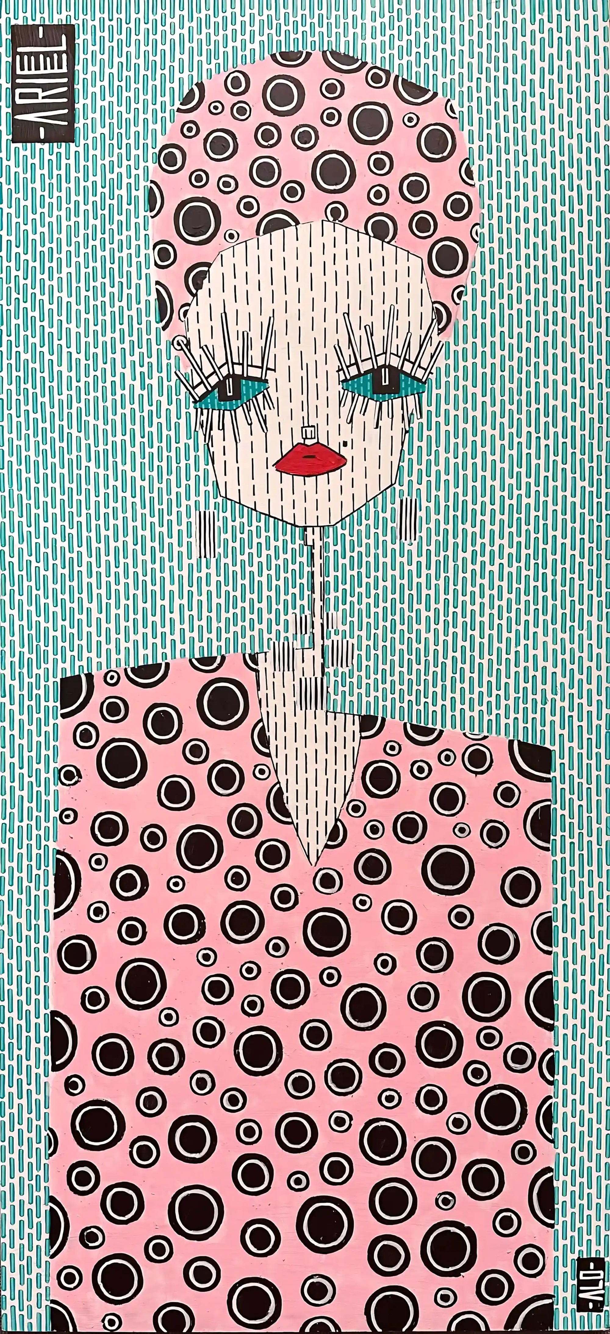 Portrait aux motifs géométriques, mêlant rayures turquoise et cercles noirs sur fond rose, dans un style pop art contemporain.