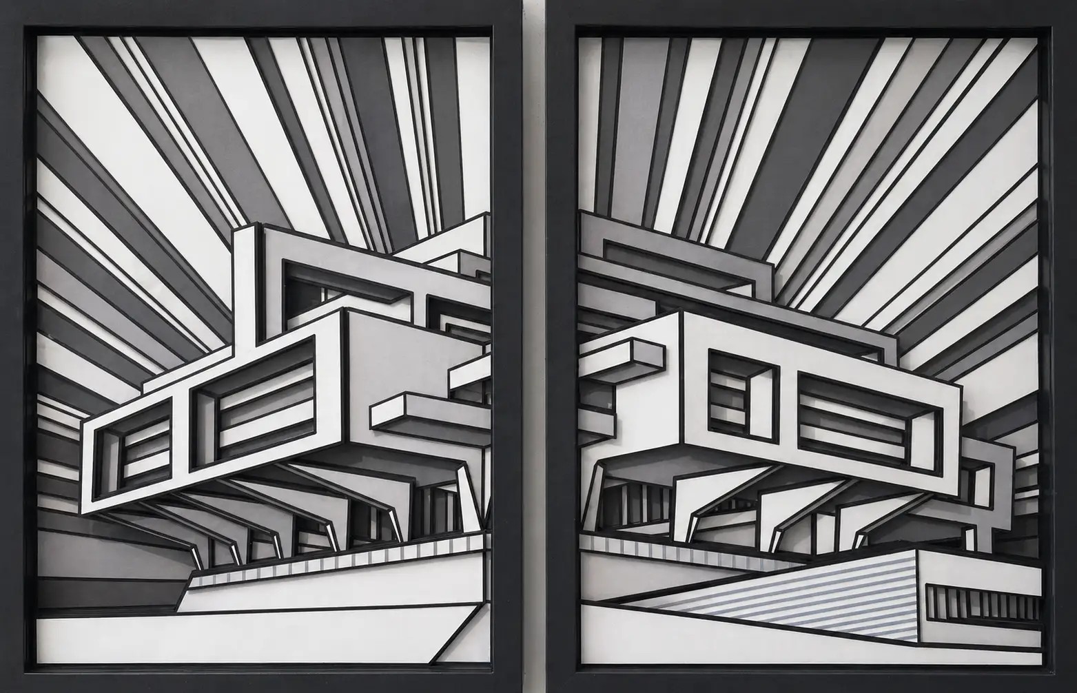 Diptyque bas-relief noir et blanc, bâtiment angulaire avec tour effilée et escalier monumental sur fond strié