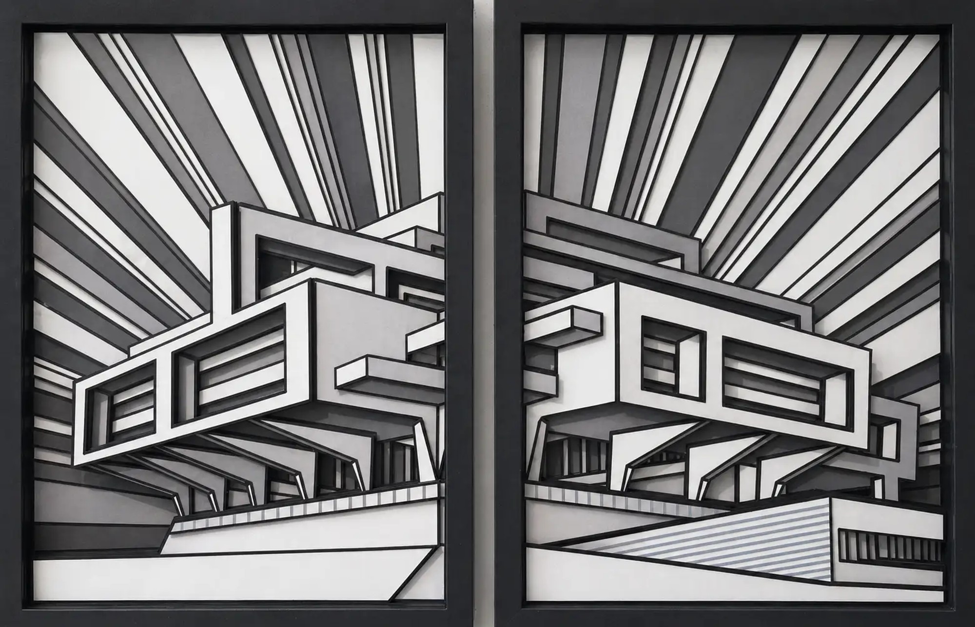 Diptyque bas-relief noir et blanc, bâtiment angulaire avec tour effilée et escalier monumental sur fond strié