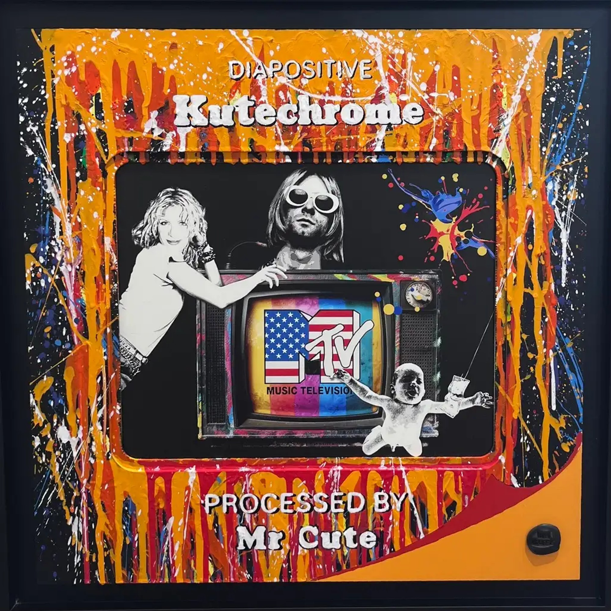 Diapositive multicolore fond orange, collage Kurt Cobain, Courtney Love et logo MTV sur télévision vintage, projections de peinture